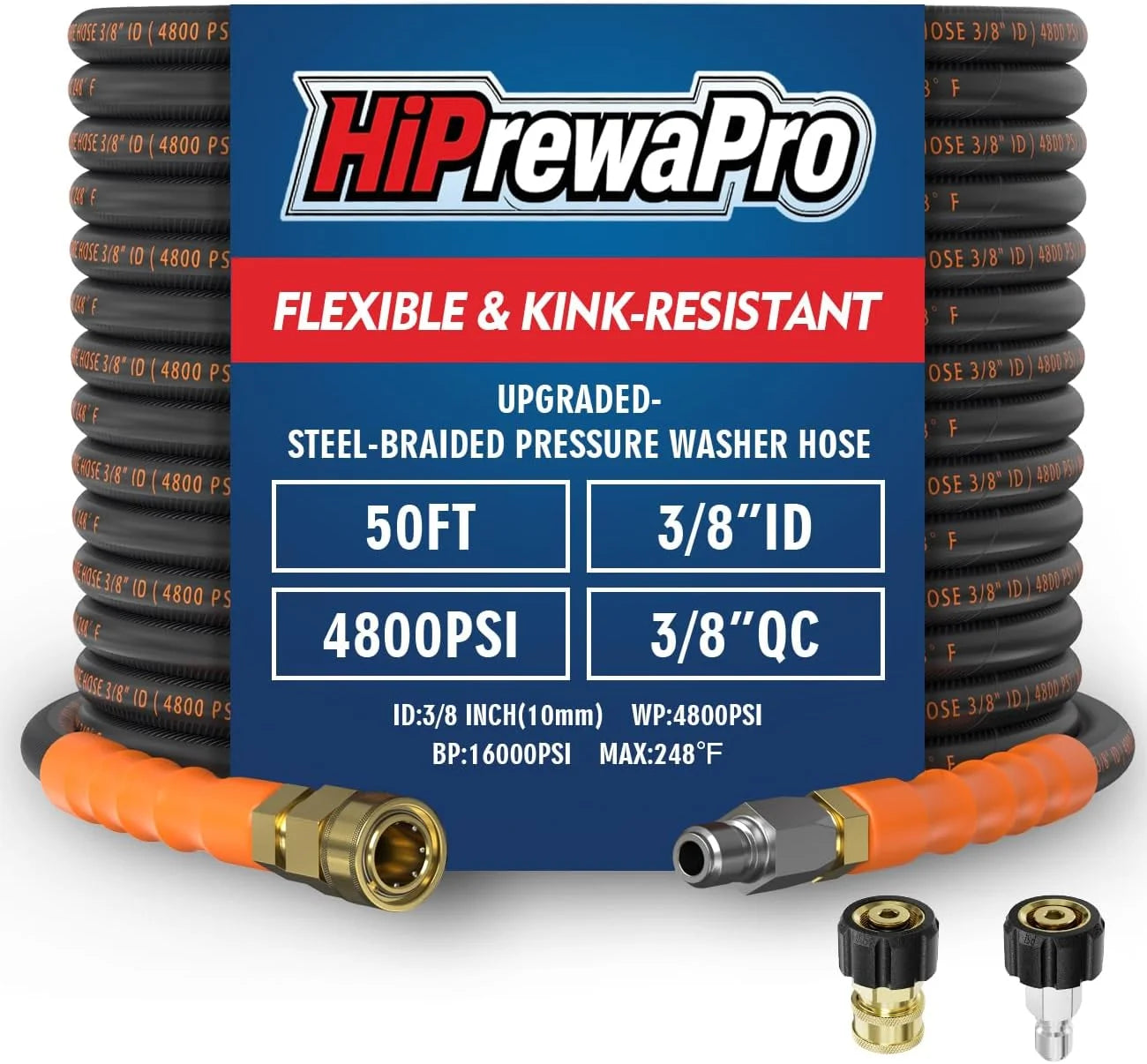 New Arrivals 3/8 ID Pressure Washer Hose 50 ft, 4800 PSI Steel-Braided & Durable, Power Washer Hose with Swivel Quick - Image 3