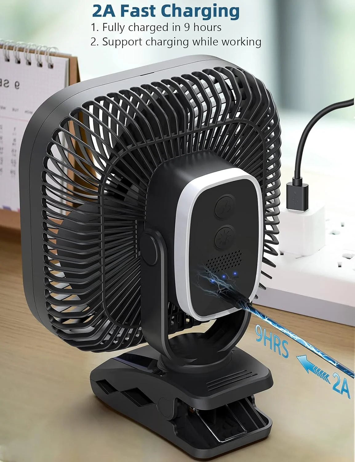 New Arrivals 20000mAh Rechargeable Portable Clip-on Fan, Battery Operated, Last 78 Hrs, 4 Speeds with Light & Hook - Image 6