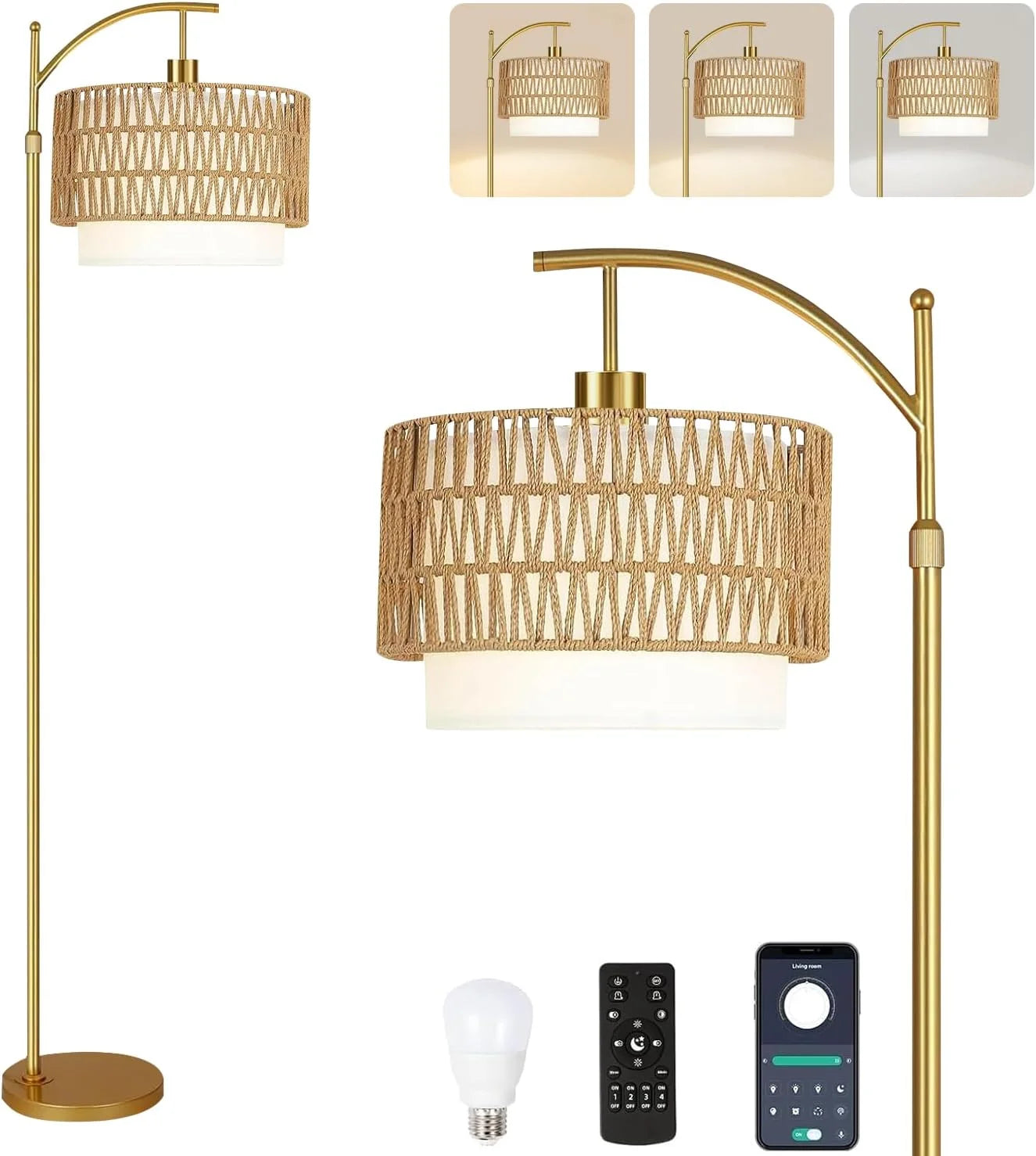 Floor Lamp for Living Room Rattan Boho Floor Lamp with Remote Control, Dimmable, 3-Color Temperature - Image 11