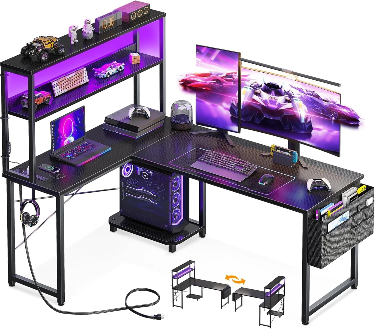 New Arrivals L Shaped Desk Gaming Desk with LED Light & Power Outlet, 53 Inch Black Reversible L Shaped Computer Table - Image 3