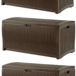 Suncast Outdoor Storage Box " 73 Gallon Mocha Brown Deck Box for Patio, weather-resistant Outdoor Storage Bench