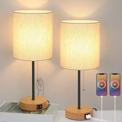 17.3" Table Lamps Set of 2 with 2 USB & AC Outlet, Pull Chain bifanuoyard