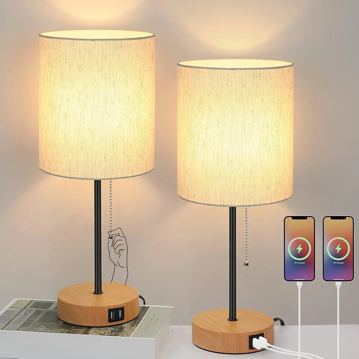 17.3" Table Lamps Set of 2 with 2 USB & AC Outlet, Pull Chain bifanuoyard