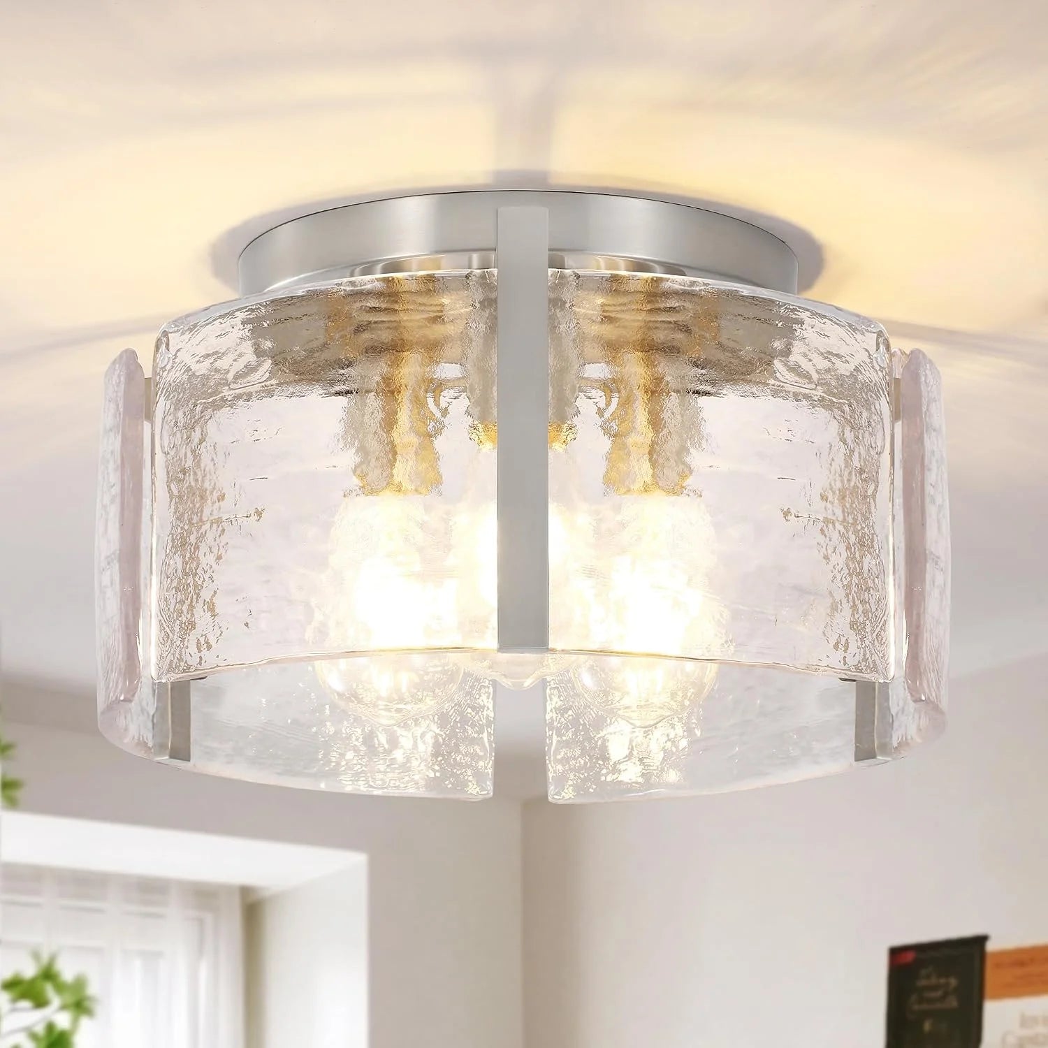 Modern Gold Semi Flush Mount Ceiling Light, Dimmable, 3-Light Farmhouse Glass Drum Light Fixture - Image 3
