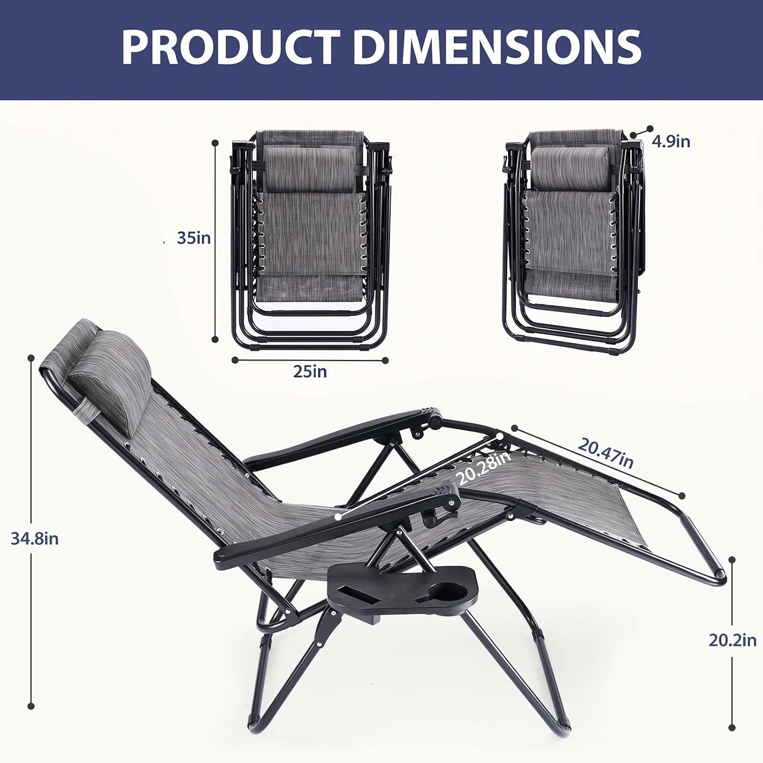 Sweetcrispy Zero Gravity Chairs Set of 2, Outdoor Folding Reclining Lounge Chair with Cup Holder Tray & Adjustable Pillow - Image 3