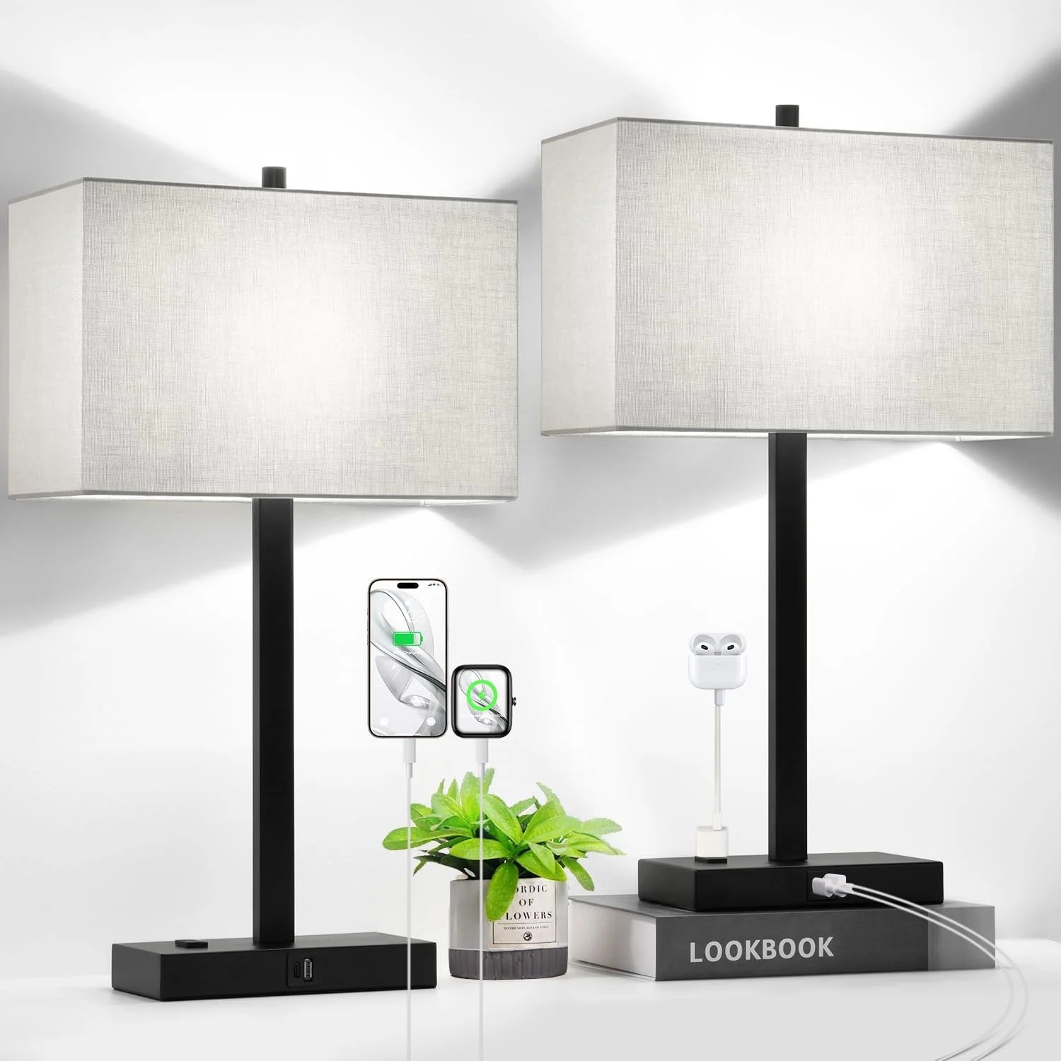 Touch Bedside lamps with 2 USB & AC Outlets, Dimmable, Bulb Included - Image 2