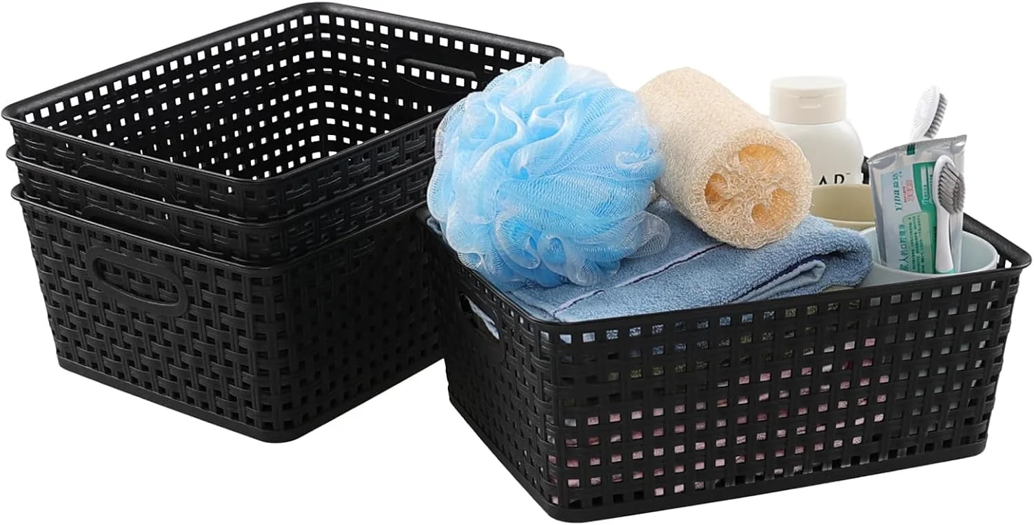 New Arrivals Weave Storage Baskets, Plastic Shelf Basket Bins, Black, 4 Packs - Image 2
