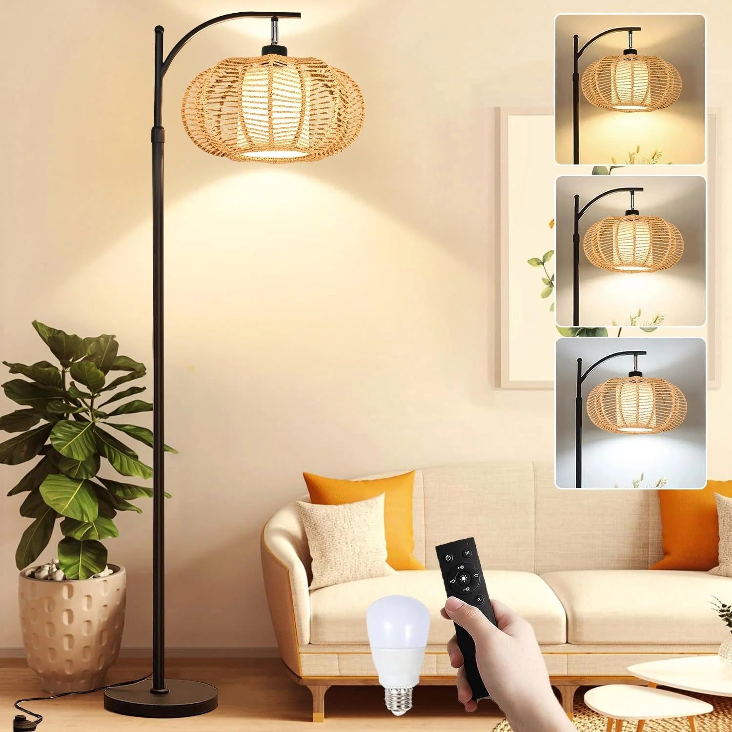 Floor Lamp for Living Room Rattan Boho Floor Lamp with Remote Control, Dimmable, 3-Color Temperature - Image 4