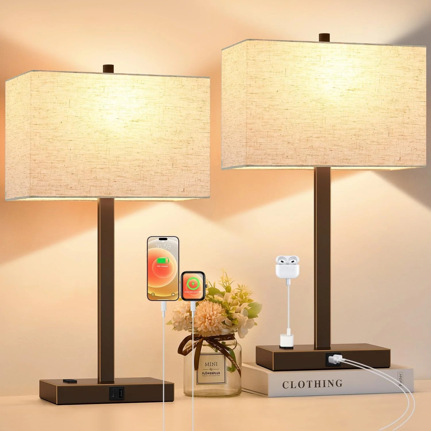 Touch Bedside lamps with 2 USB & AC Outlets, Dimmable, Bulb Included - Image 13
