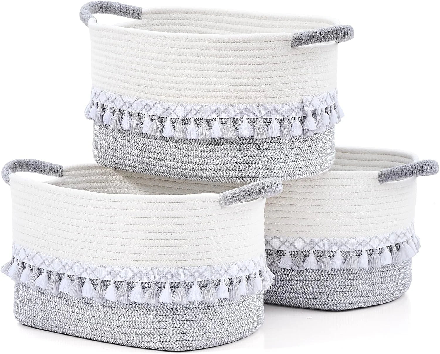Basket, Woven Baskets for Shelves, White/Brown, 3 Pack Boho Cotton Rope Storage Baskets - Image 6