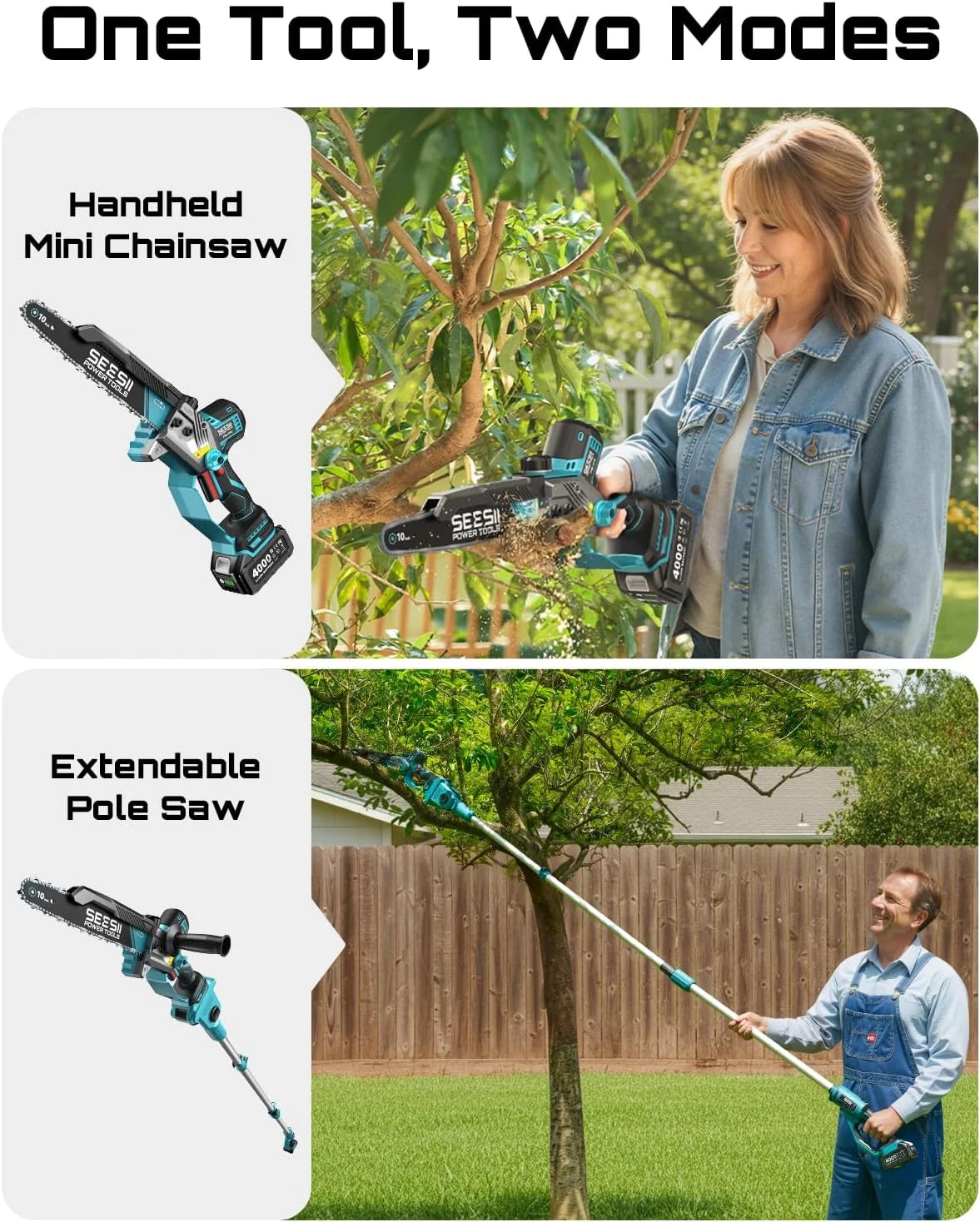 New Arrivals SEESII 10-Inch 2-in-1 Cordless Pole Saw & Mini Chainsaw,2 x 4.0Ah Batteries - Image 2