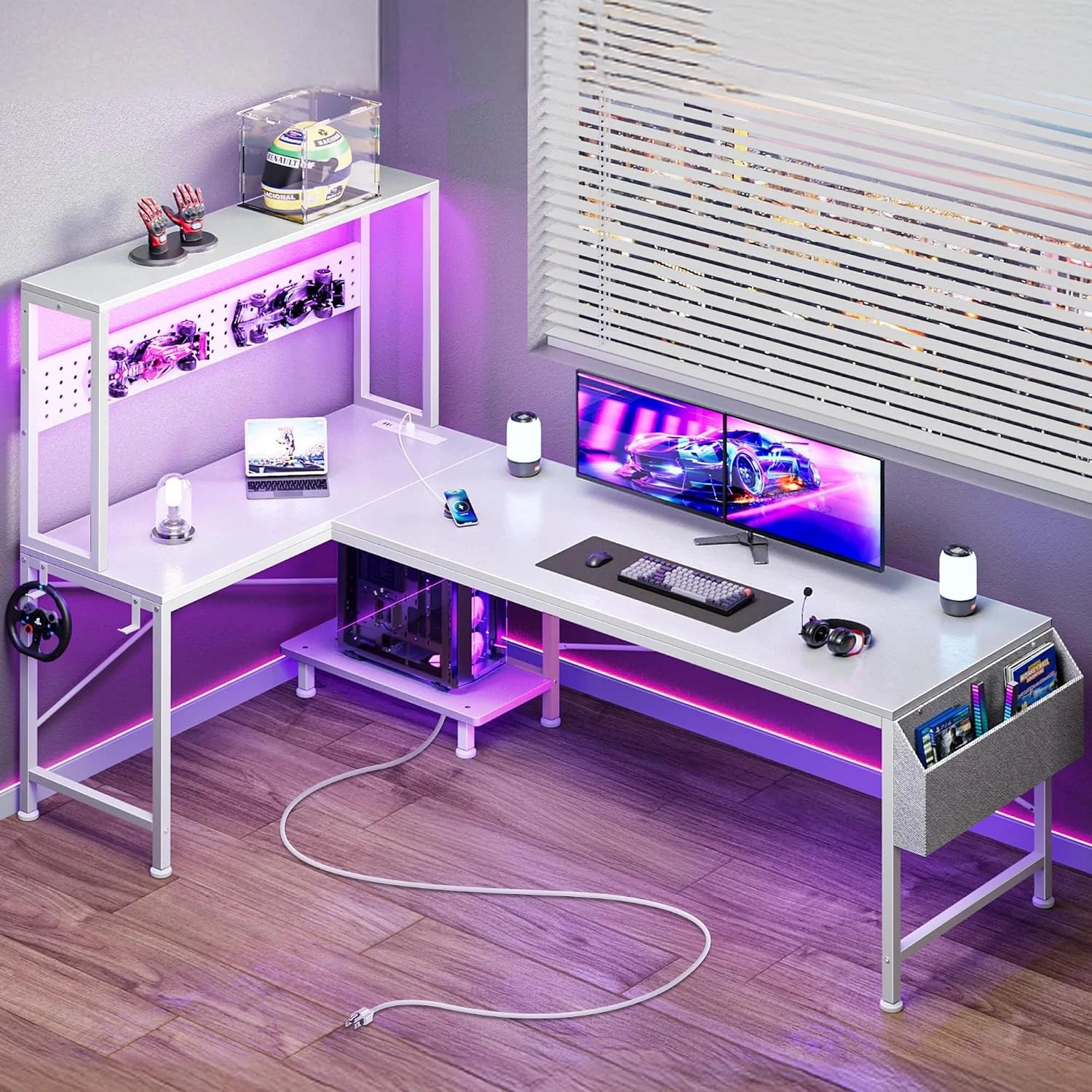 New Arrivals L Shaped Gaming Desk with LED Lights & Power Outlets, Reversible Computer Desk with Storage Shelves & Bag - Image 3
