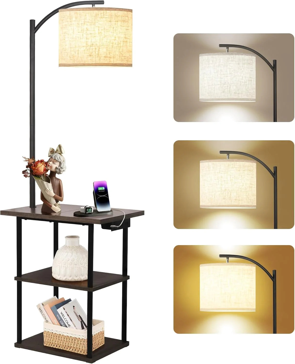 PESRAE Floor Lamp with Table, 3-Color Temperature, 9W LED, Modern Shelves Side Table for Bedroom bifanuoyard