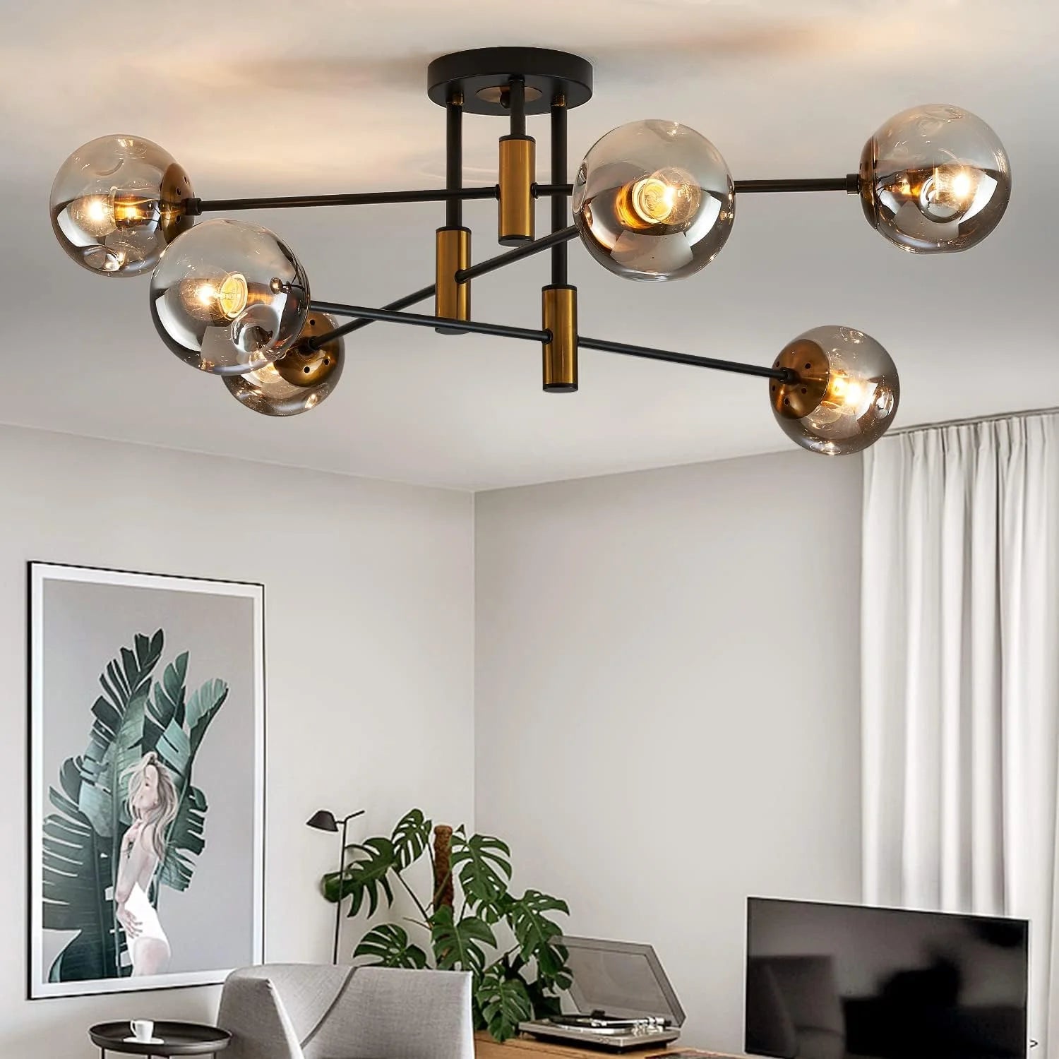 New Arrivals 6-Light Glass Globe Sputnik Chandelier Modern Matte Black and Gold Ceiling Light Fixture Vintage Hanging - Image 10