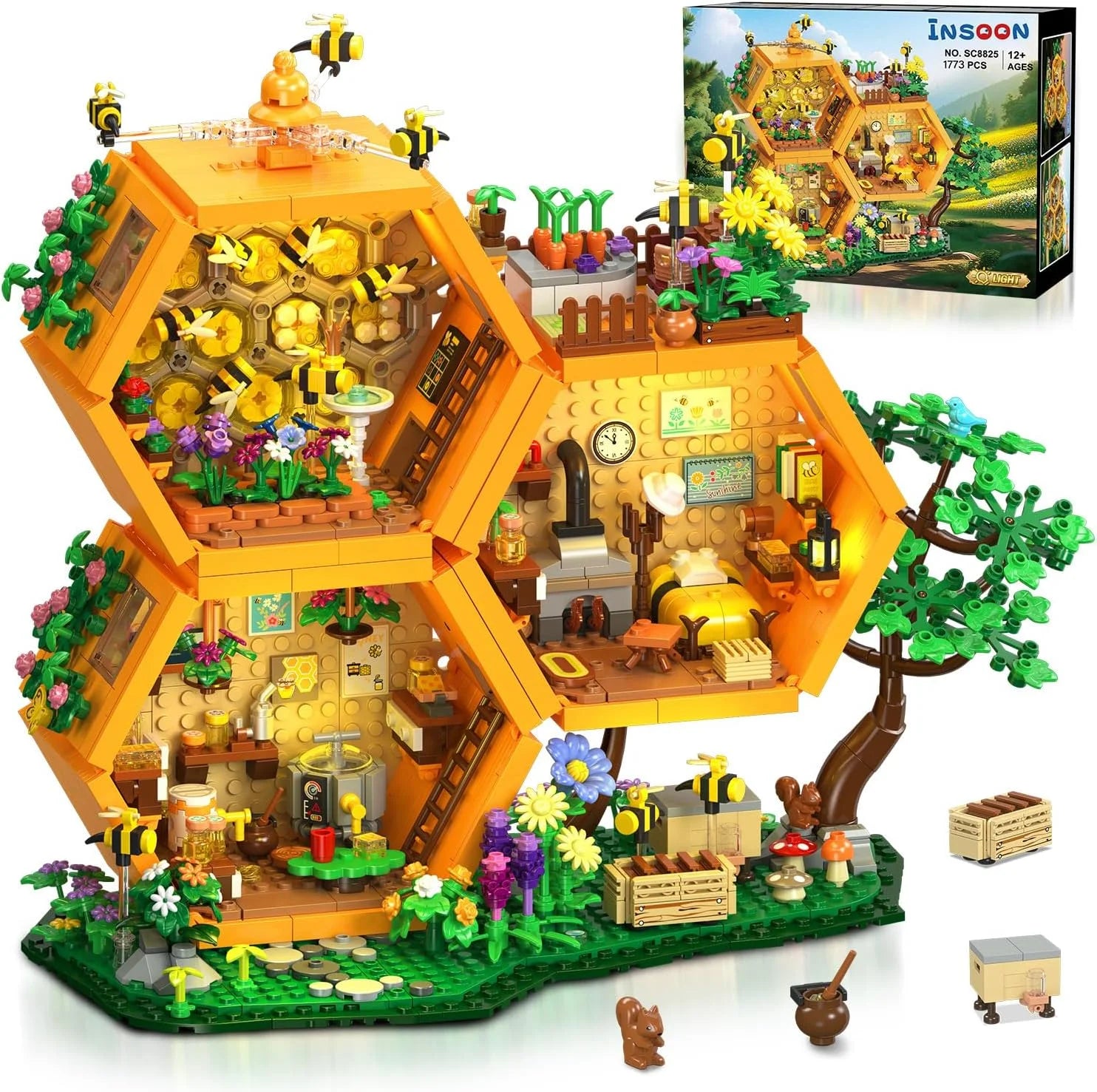 Bee Treehouse Building Set with Lights for Adults, Farm House Kit, Collectible Cabin Home Decor Gift for Boys