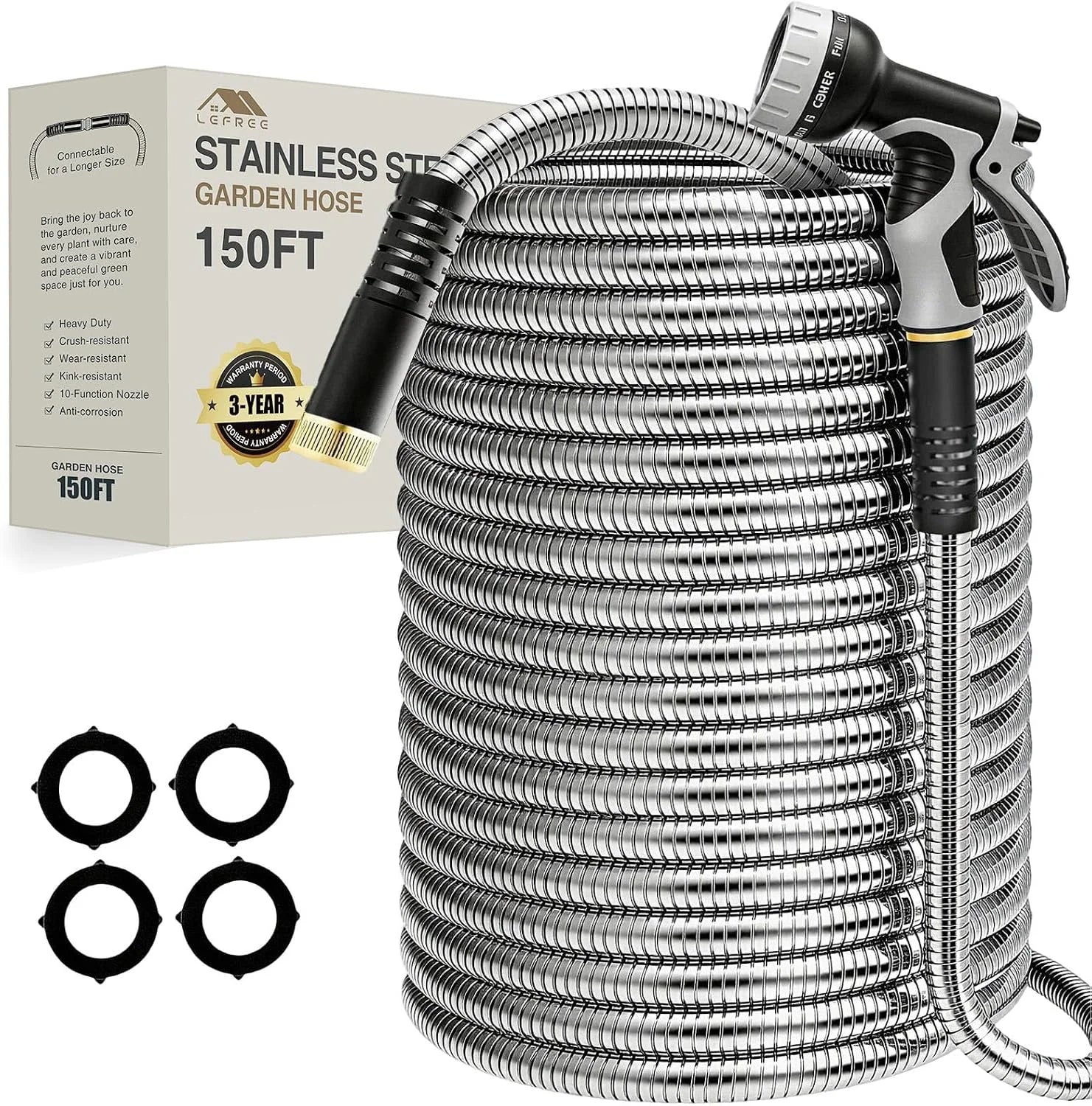 New Arrivals 150ft Stainless Steel Garden Hose, No-Kink Leak-Proof Crush Resistant, 10-Function Nozzle for Lawn Care - Image 8