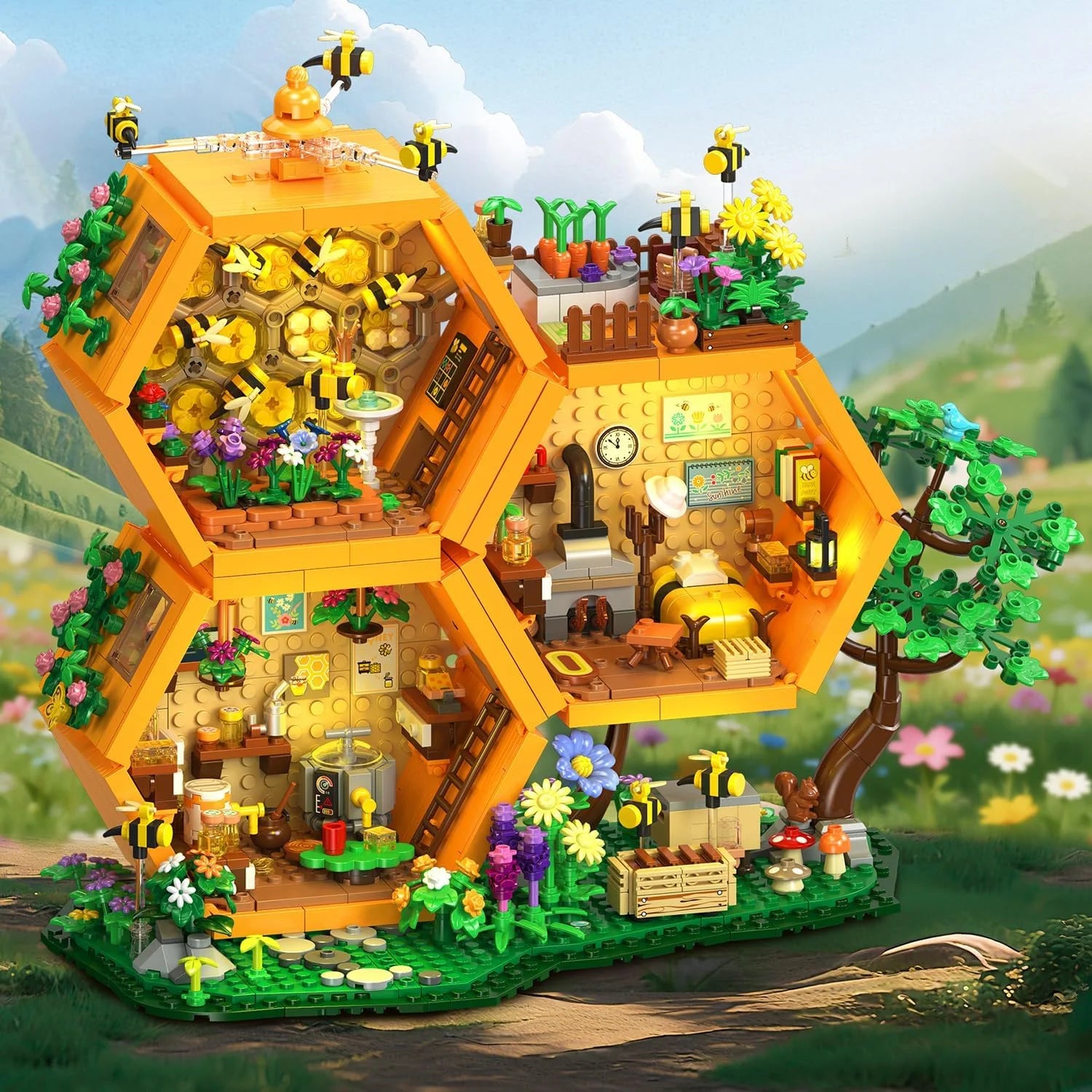 Bee Treehouse Building Set with Lights for Adults, Farm House Kit, Collectible Cabin Home Decor Gift for Boys - Image 8