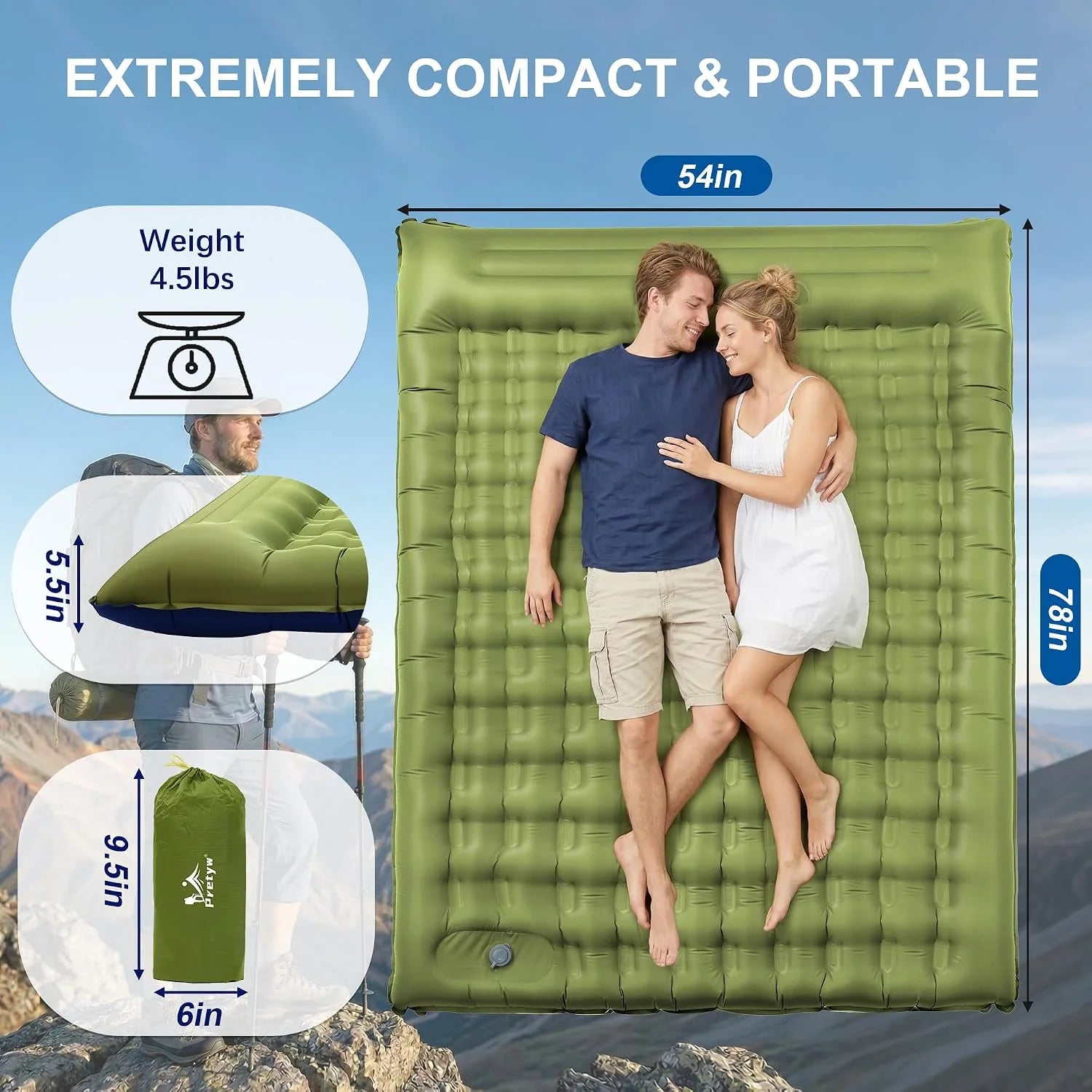 Pretyw Double Sleeping Pad for Camping, 5.5 Ultra-Thick Camping Mattress with Pillow, Built-in Foot Pump bifanuoyard - Image 2
