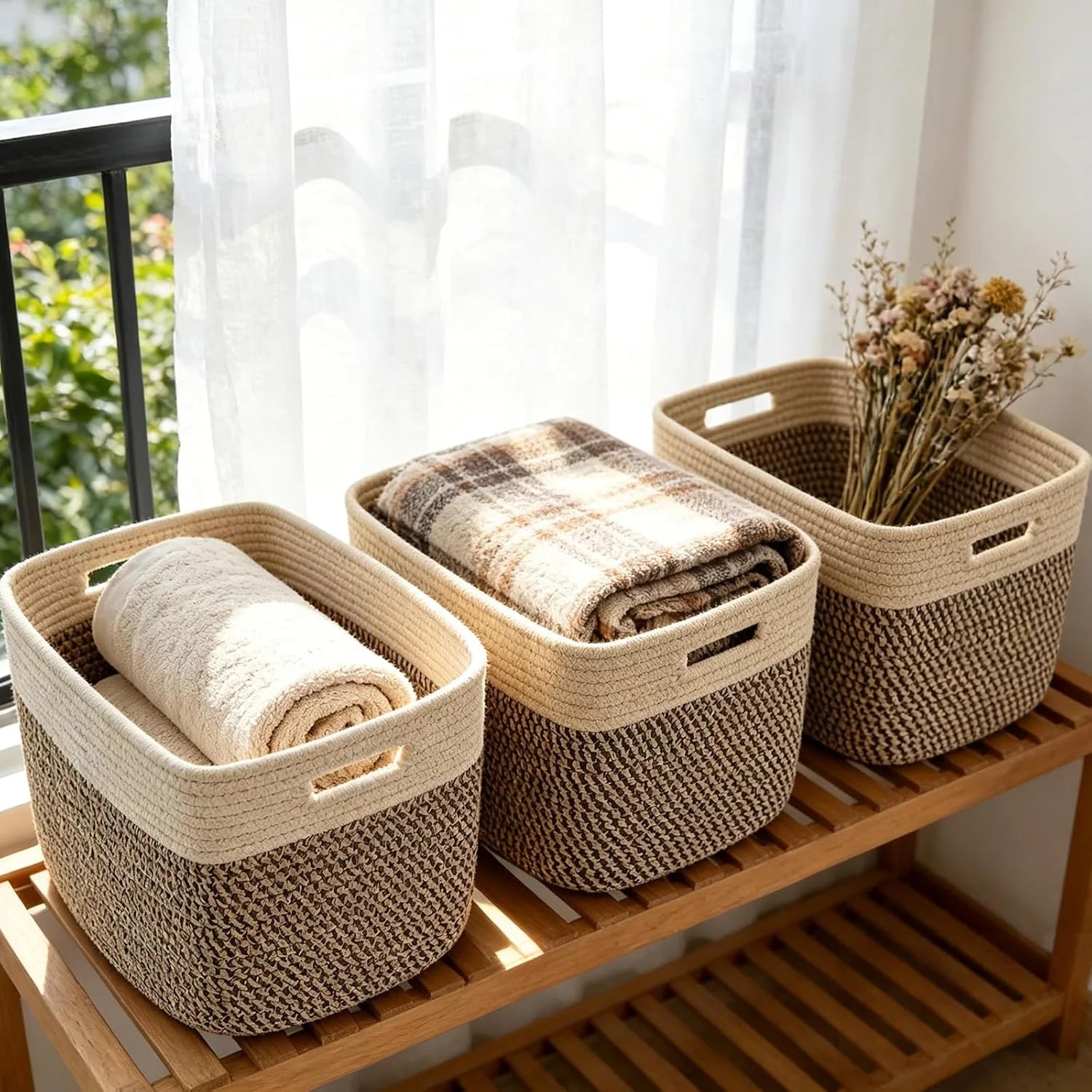 New Arrivals Woven Baskets, Storage Baskets for Shelves with Handles, 13.5×11×9.5 Closet Baskets, Nursery Organizer