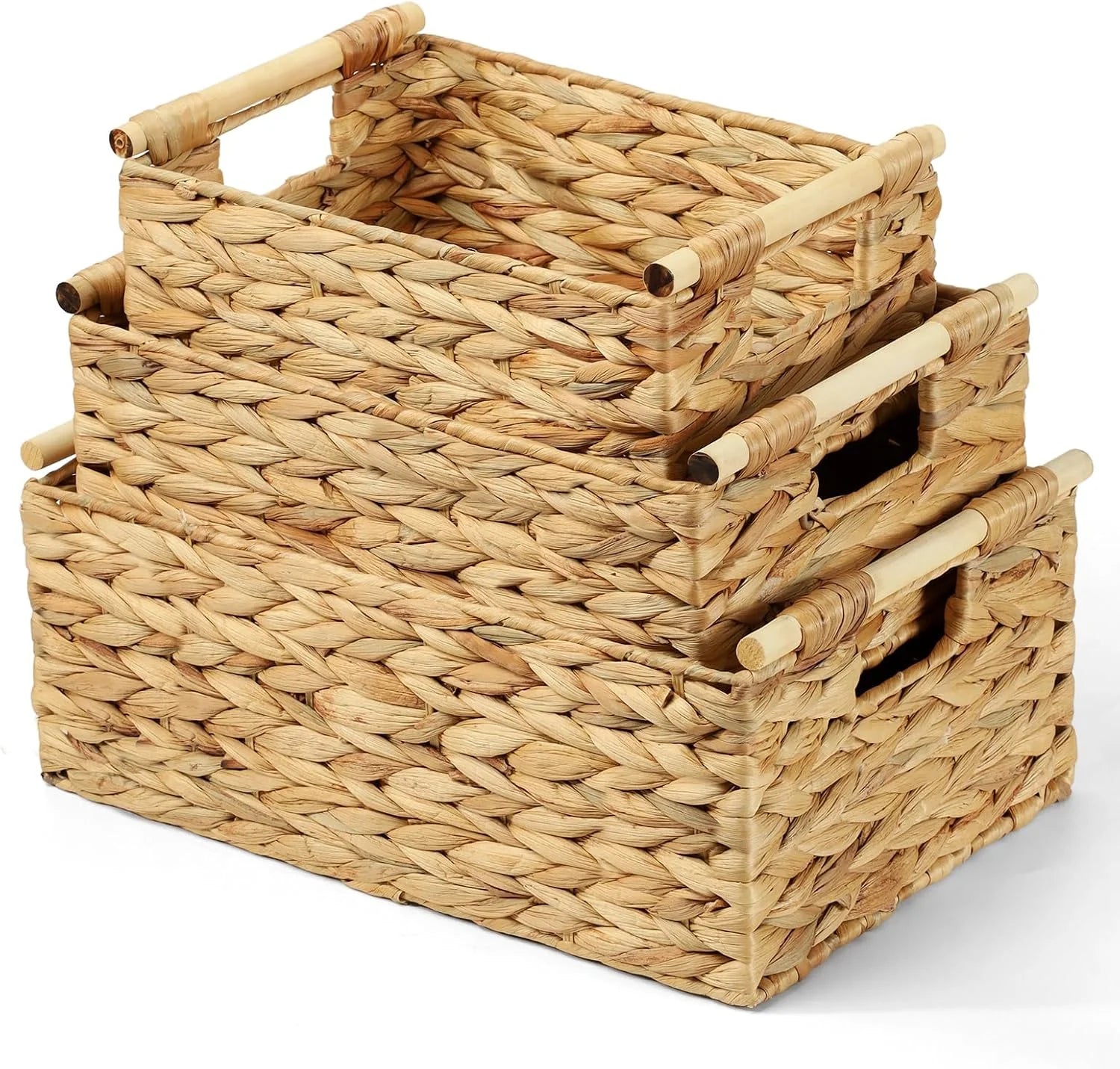 Storage Baskets for Organizing 3 Pack, Natural Water Hyacinth Ratten Baskets with Wooden Handles, Decorative - Image 2