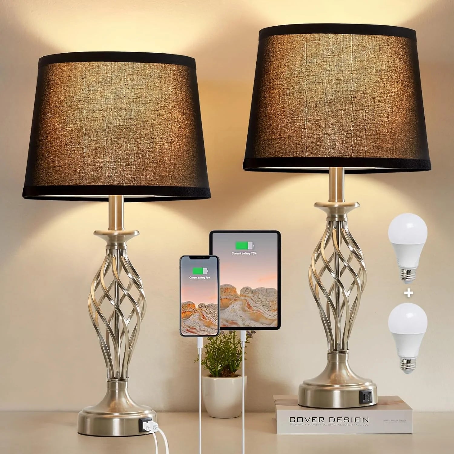 New Arrivals Lamp for Bedroom Set of 2 with USB C+A Ports, Bulb Included, Modern Bedside Lamps with Spiral Cage Base - Image 6