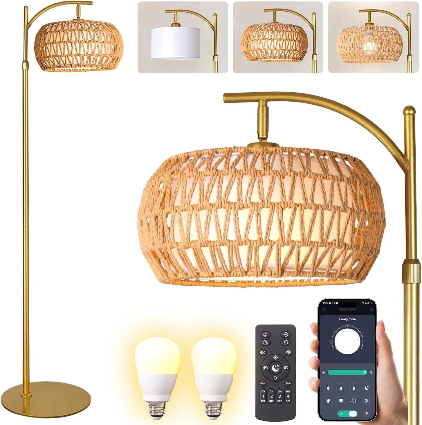 Gold Boho Rattan Floor Lamp w/Remote, Dimmable - Image 3