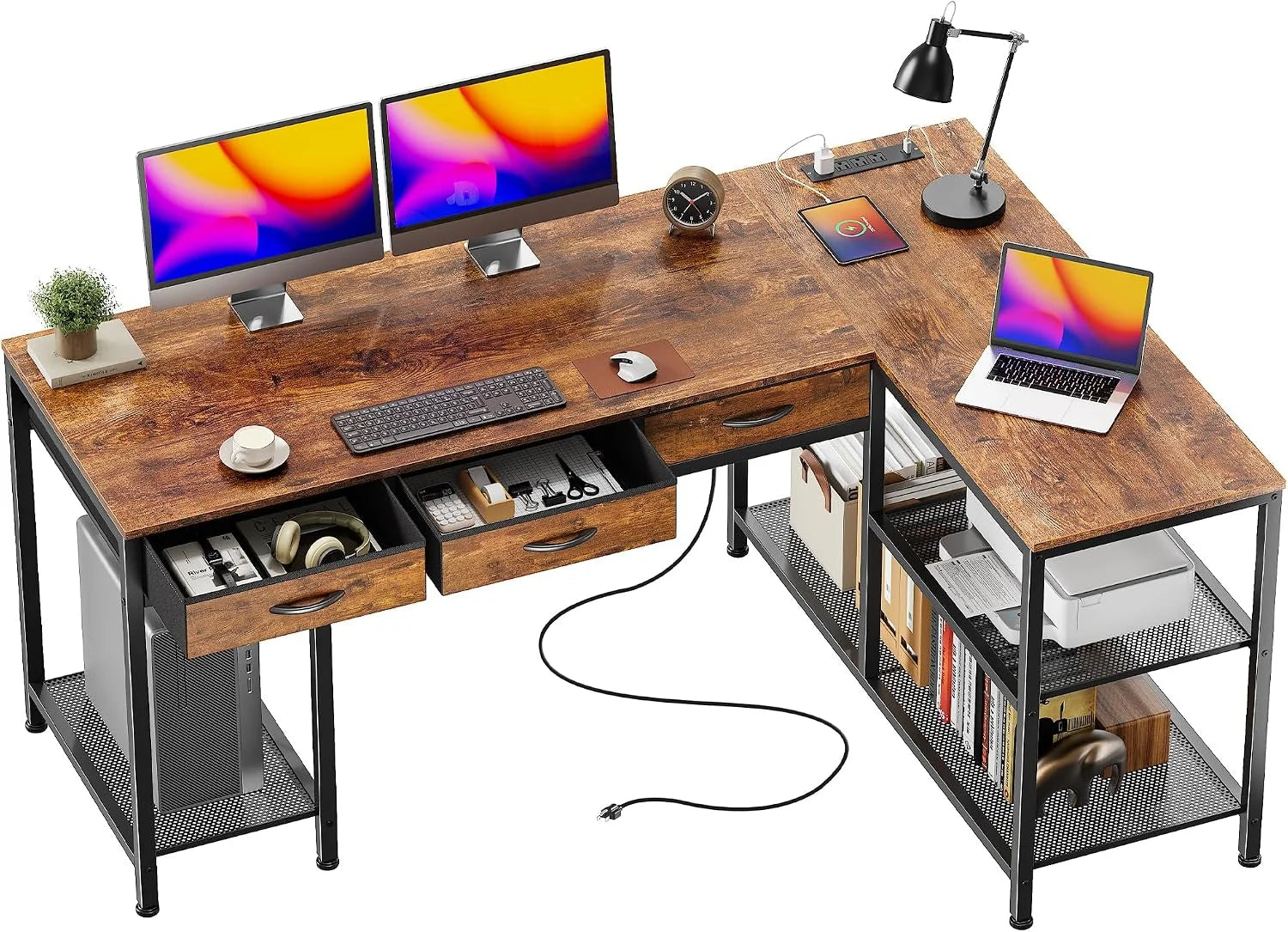 New Arrivals 55 Inch L Shaped Office Desk with Power Outlets and Type-C Port, Large Computer Gaming Desk with 3 Fabric - Image 8