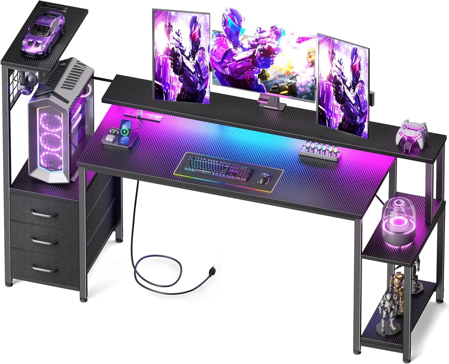 New Arrivals 48 Inch Gaming Desk with LED Lights & Power Outlets, Computer Desk with Fabric Drawers & Side Hook - Image 3