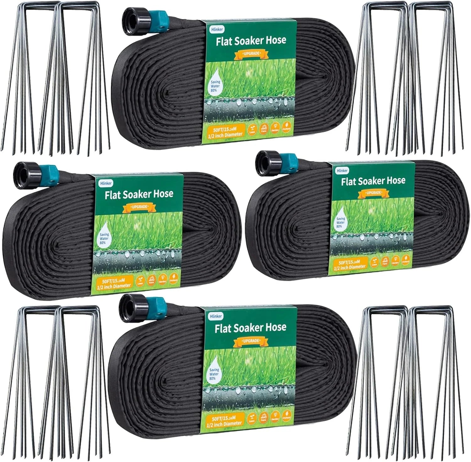 Hlinker 2026 Flat Soaker Hose 200 ft (50ft 4Packs) with Stake for Garden, Linkable Drip Hose Diy Automates Garden bifanuoyard