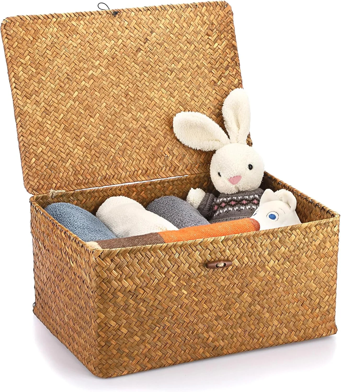 Shelf Baskets Bin with Lid Large Handwoven Basket Box, Coffee, Natural Seagrass Storage Baskets - Image 14