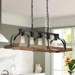 New Arrivals 5-Light Metal Chandelier Imitation Wood Grain Linear Pendant Ceiling Lighting Rustic Farmhouse Fixture Kitchen