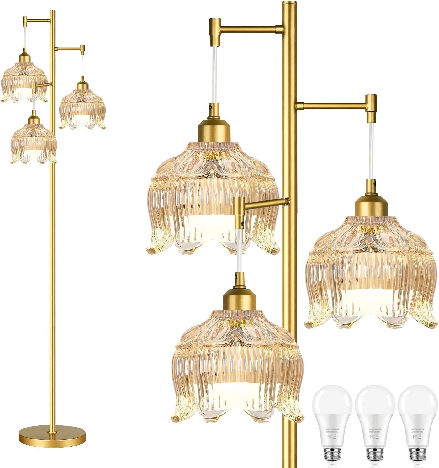 ZECOXOL Vintage Floor Lamp for Living Room Bedroom-3 Light Glass Floor Lamp with Three Led Bulb bifanuoyard - Image 5