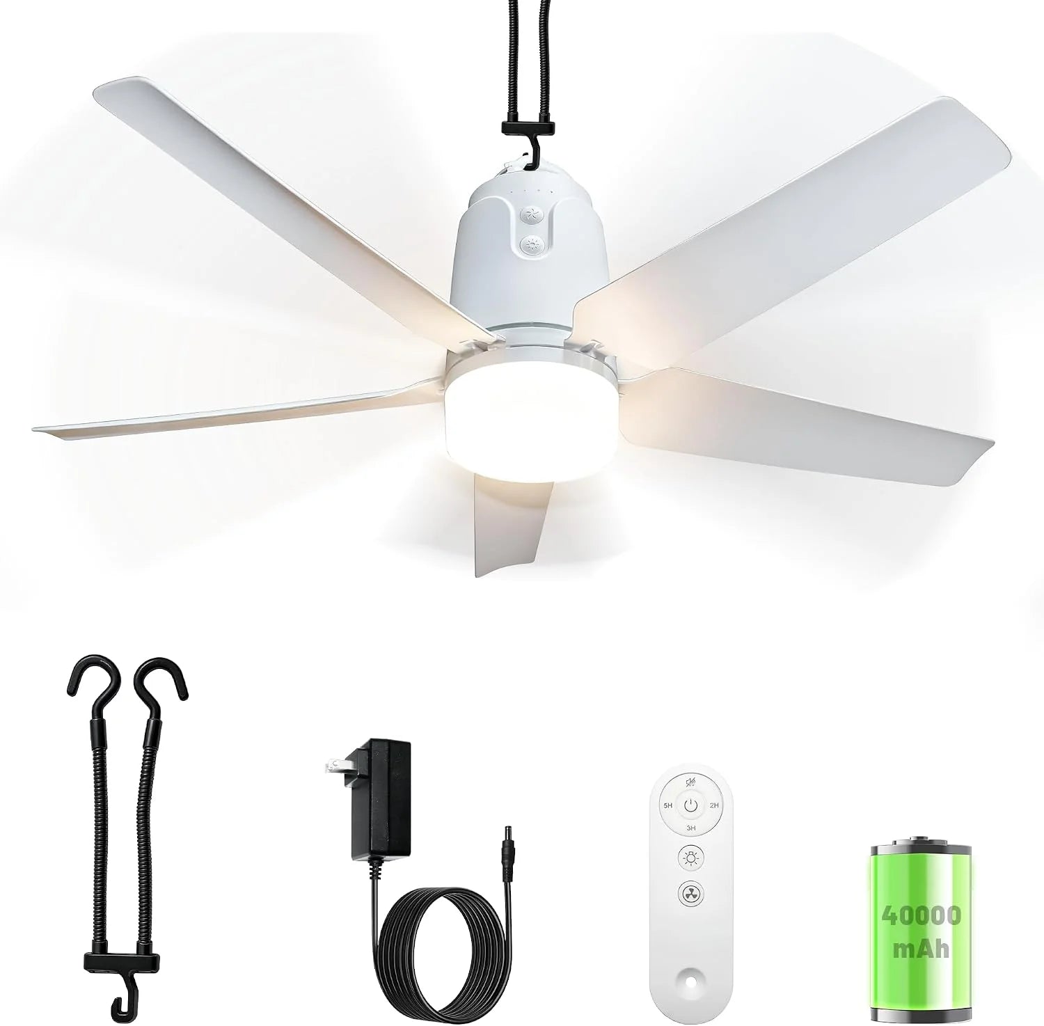 New Arrivals Outdoor Ceiling Fan Light 31.5" 40000mAh Large Portable Ceiling Fan With Remote and Hanging Hook, 4 Wind Speeds
