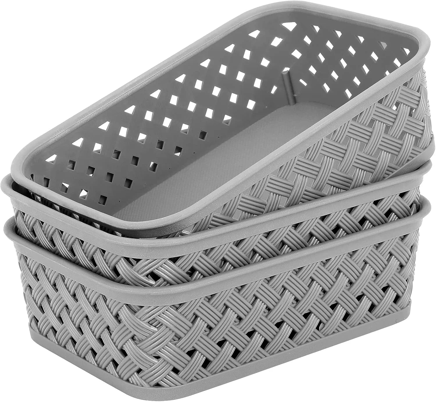 3 Pack Plastic Storage Baskets, Large, Grey, Durable Woven Plastic with Built-In Handles bifanuoyard - Image 4
