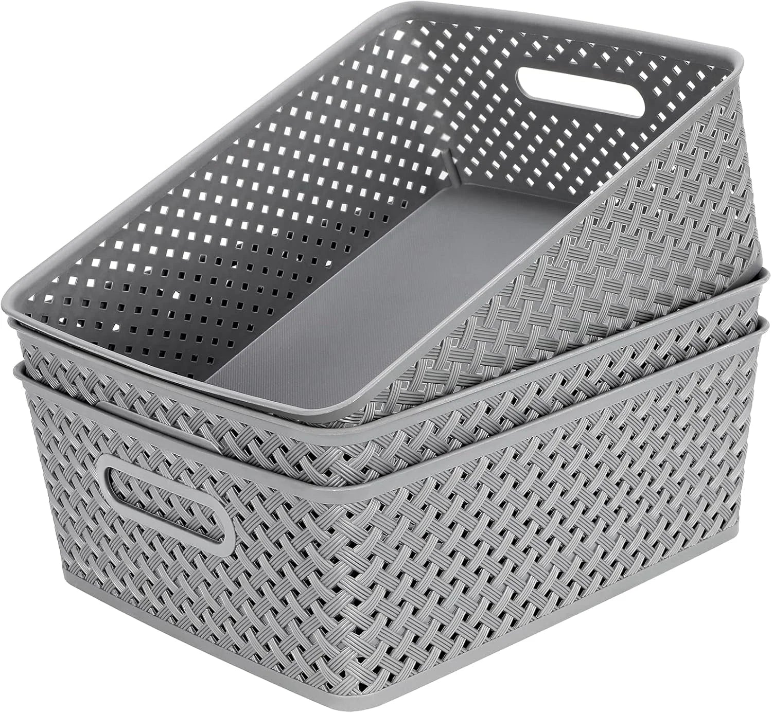 3 Pack Plastic Storage Baskets, Large, Grey, Durable Woven Plastic with Built-In Handles bifanuoyard - Image 3
