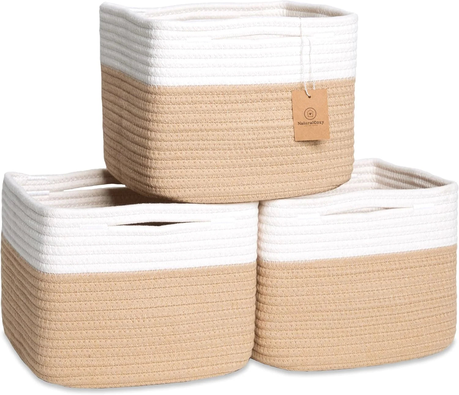 NaturalCozy Storage Cubes 9”x9”x7”Cotton Rope Woven Baskets for Organizing 3-Pack, 9 Inch Cube Storage Bin, Small bifanuoyard