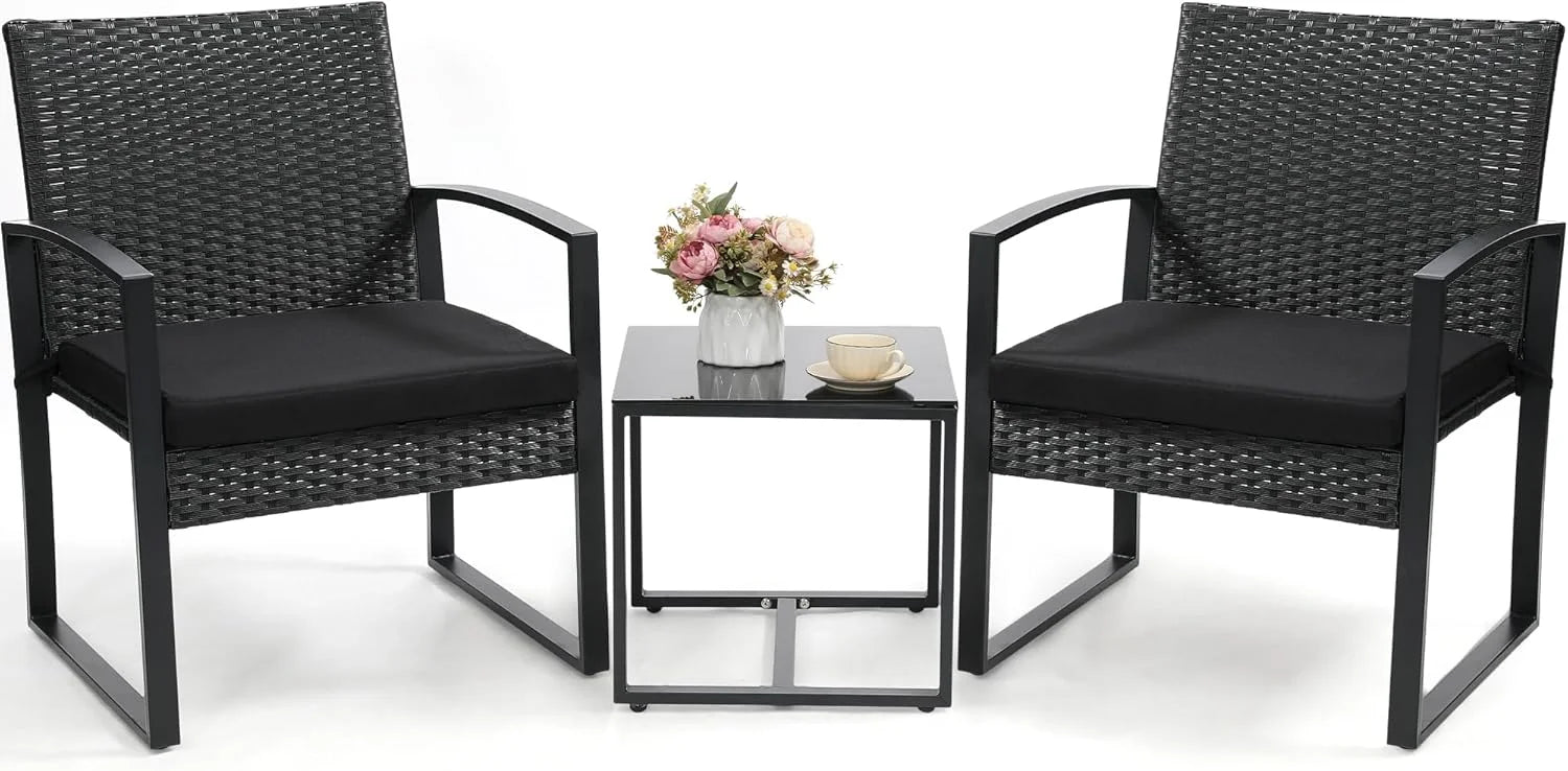 Murago Outdoor 3-Piece Wicker Bistro Set, Patio Conversation Set, 2 chairs with Coffee Table bifanuoyard