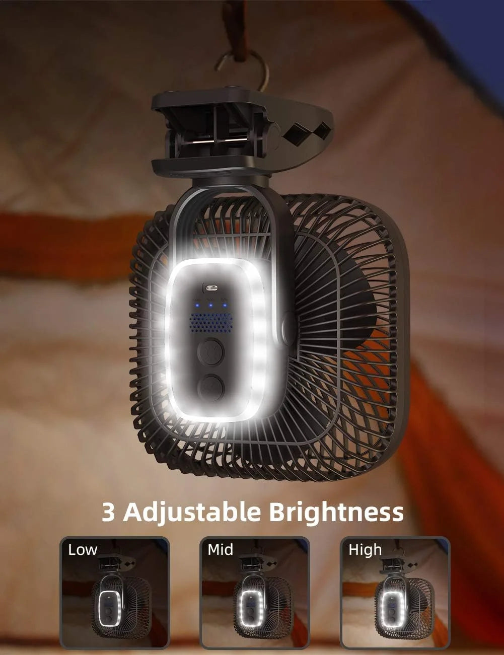 New Arrivals 20000mAh Rechargeable Portable Clip-on Fan, Battery Operated, Last 78 Hrs, 4 Speeds with Light & Hook - Image 4