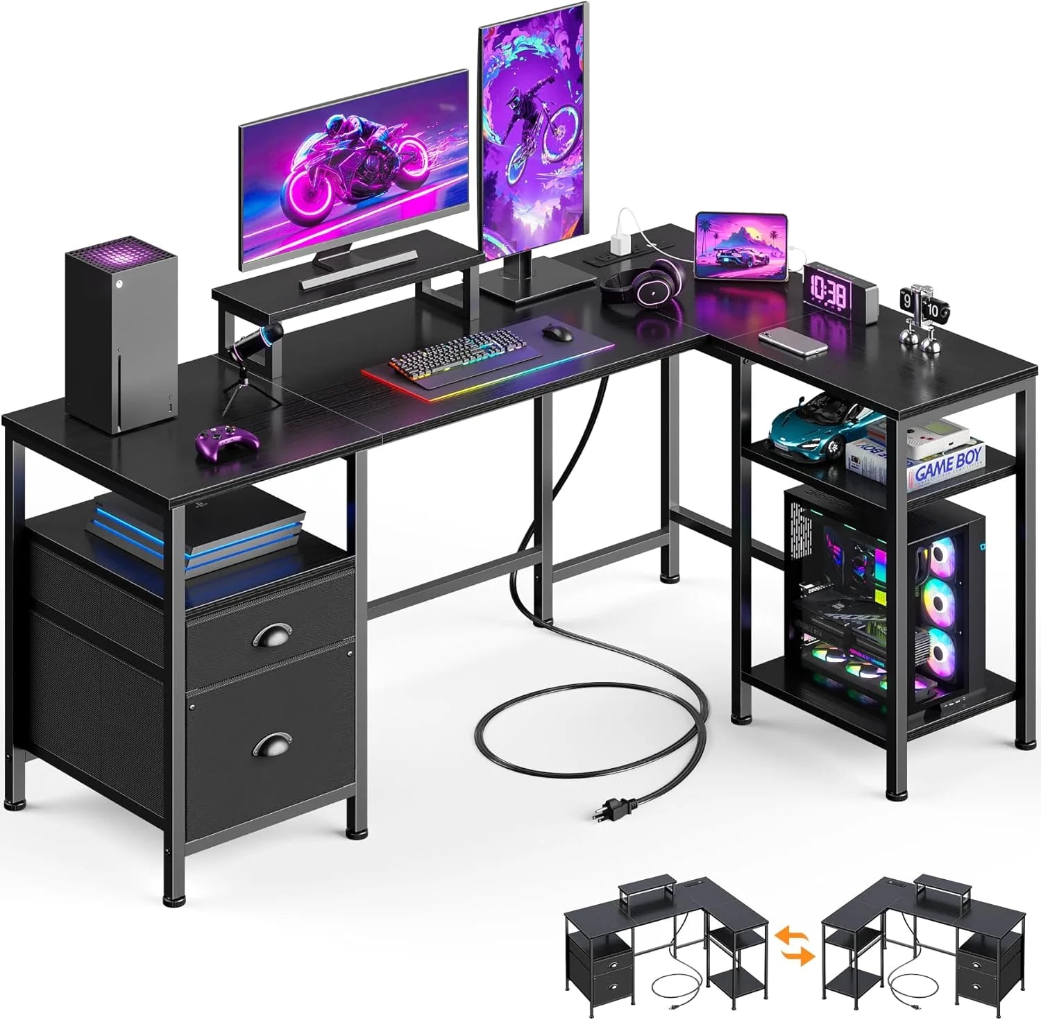 Furologee 66" L Shaped Desk with Power Outlet, Reversible Home Office Desk with File Drawer, 2 Monitor Stands bifanuoyard - Image 5