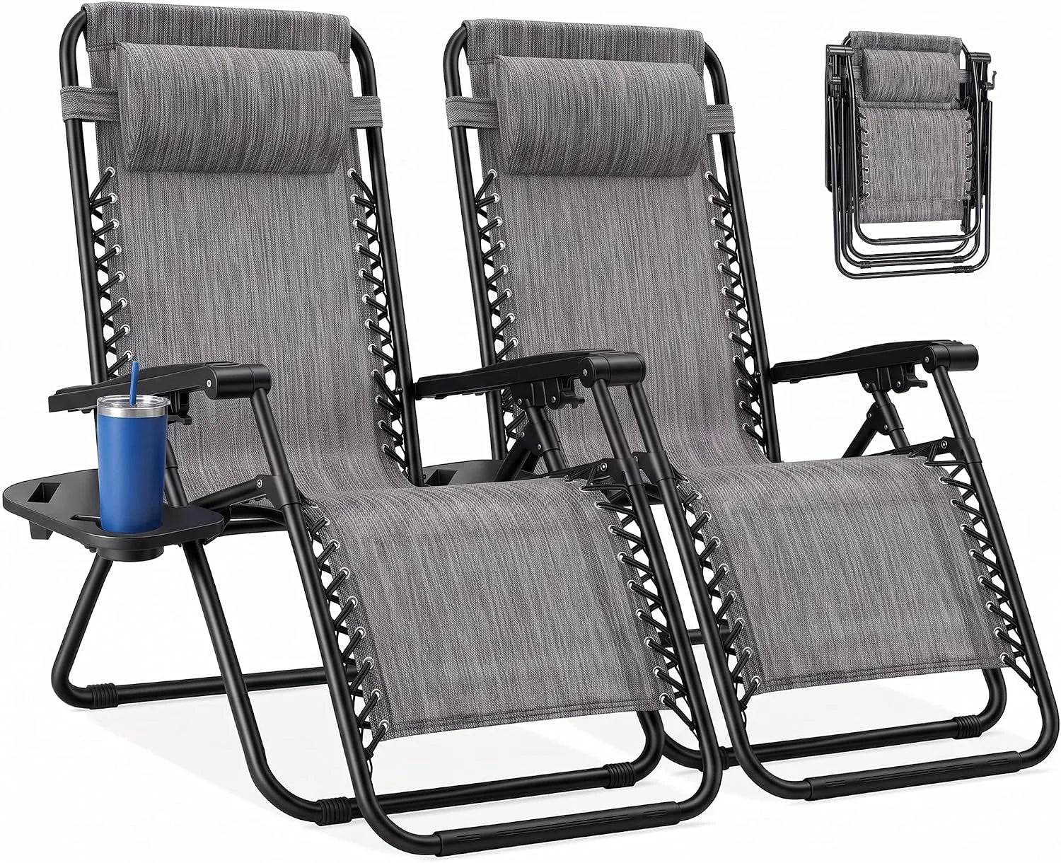 Zero Gravity Chairs Set of 2, Lounge Chair Folding Portable Adjustable Camping Reclining Chairs with Adjustable Pollow - Image 8