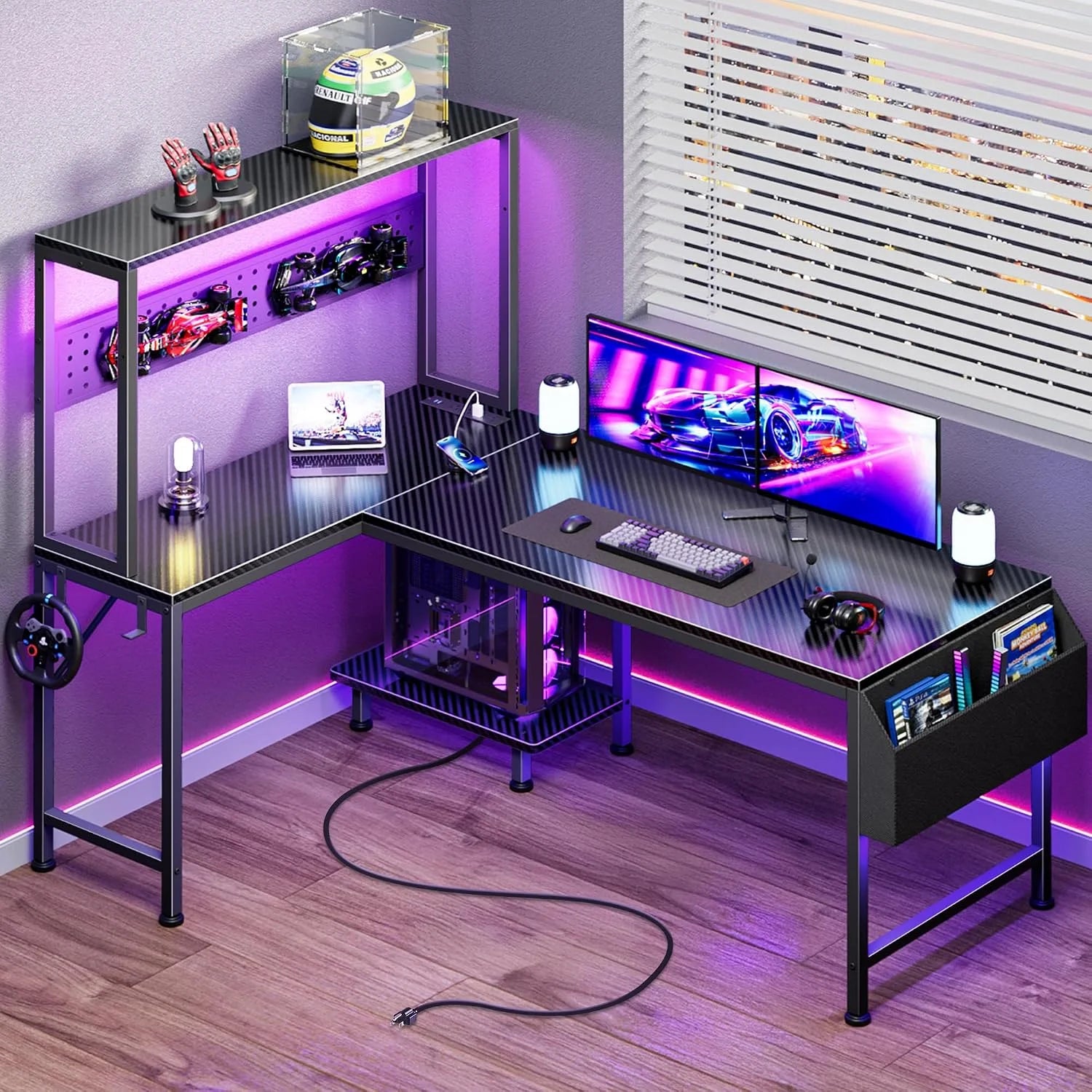 New Arrivals L Shaped Gaming Desk with LED Lights & Power Outlets, Reversible Computer Desk with Storage Shelves & Bag - Image 10