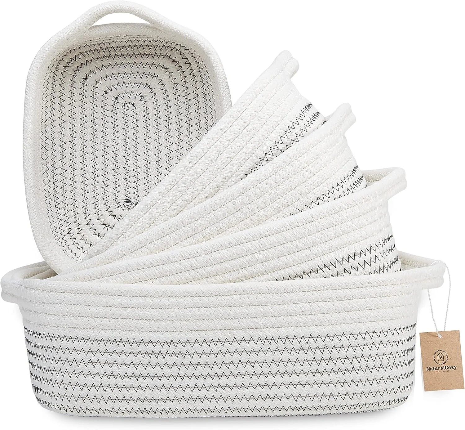 New Arrivals 5-Piece Rectangle Storage Basket Set- Natural Cotton Rope Woven for Organizing! Small Basket - Image 2