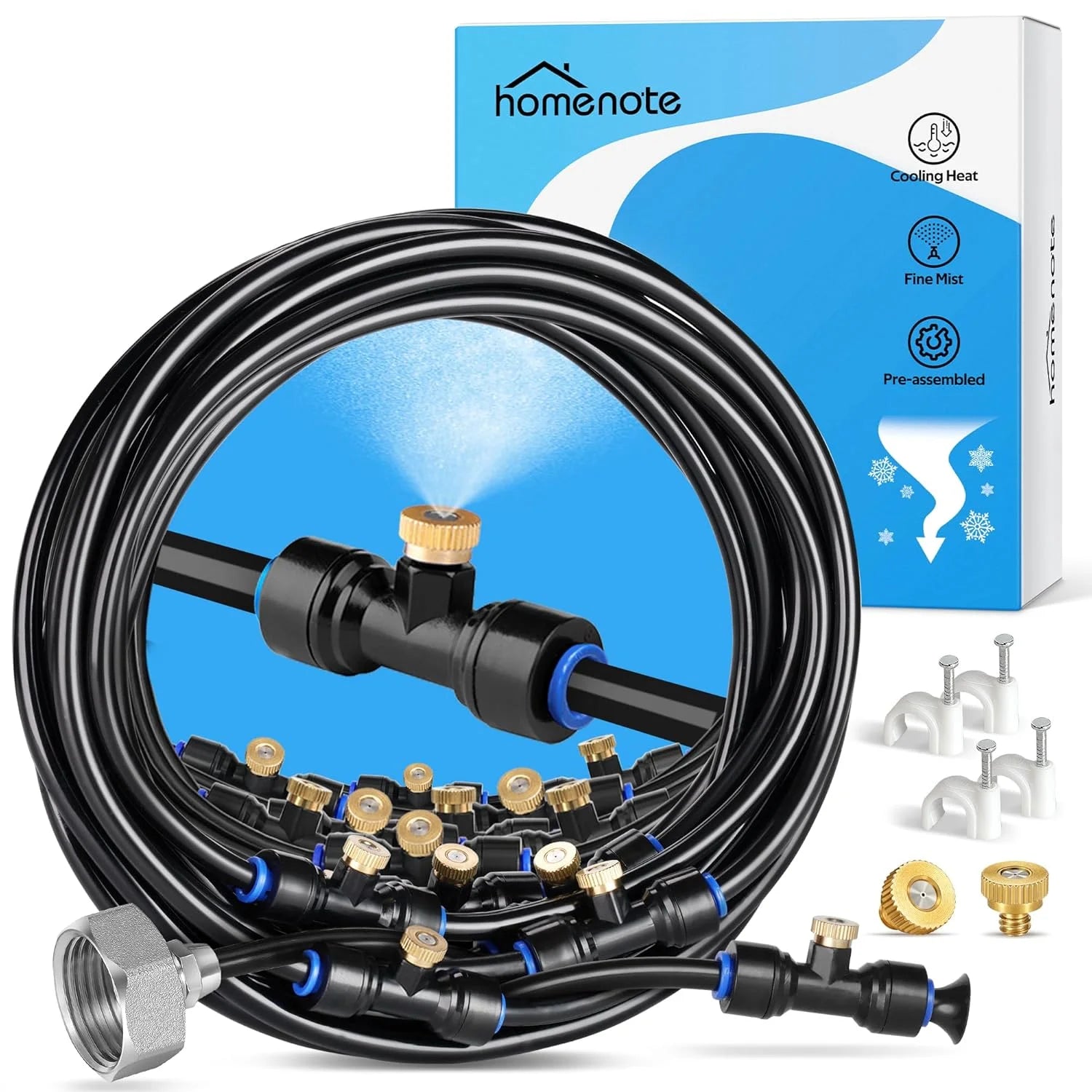 homenote Misting Cooling System 75FT(23M) Pre-Assembled Kit with 28 Brass Nozzles & 3/4 Brass Adapter