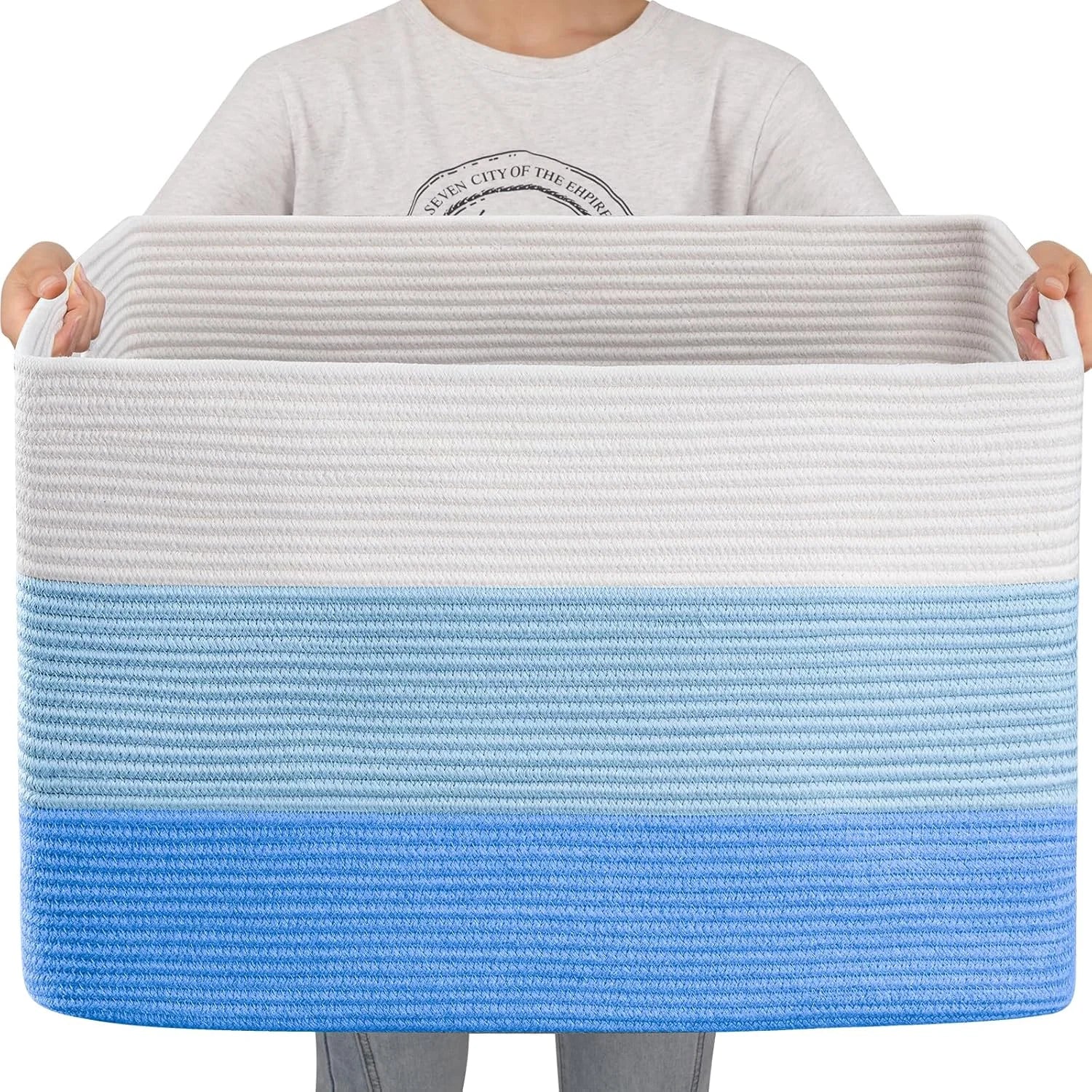 New Arrivals Blanket Basket, 25”x16”x16”(108L) Rectangle Woven Storage Baskets, Cotton Rope Basket For Living Room - Image 3
