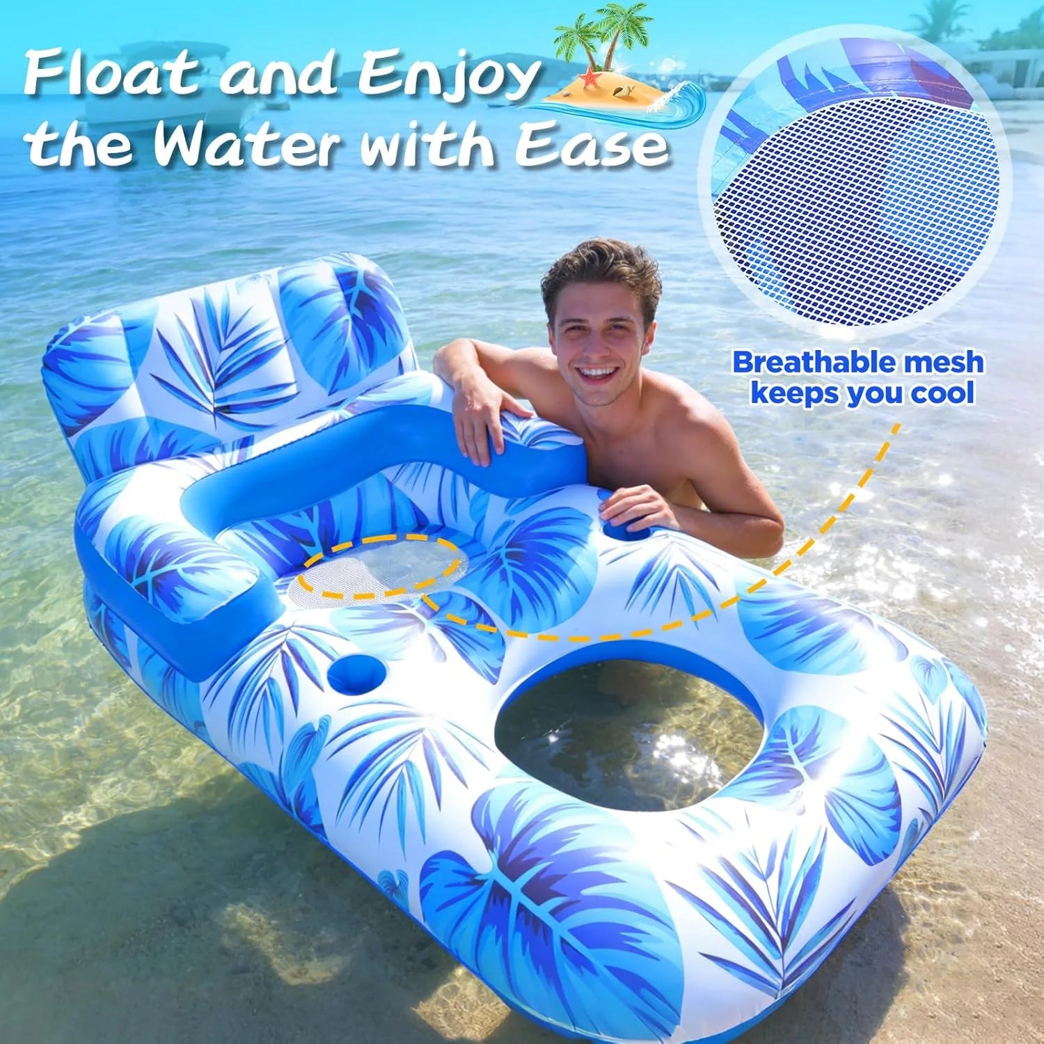 New Arrivals Pool Floats Adult, 65 Thicken PVC Inflatable Pool Float Lounger Rafts with Cup & Phone Holder & Headrest - Image 6