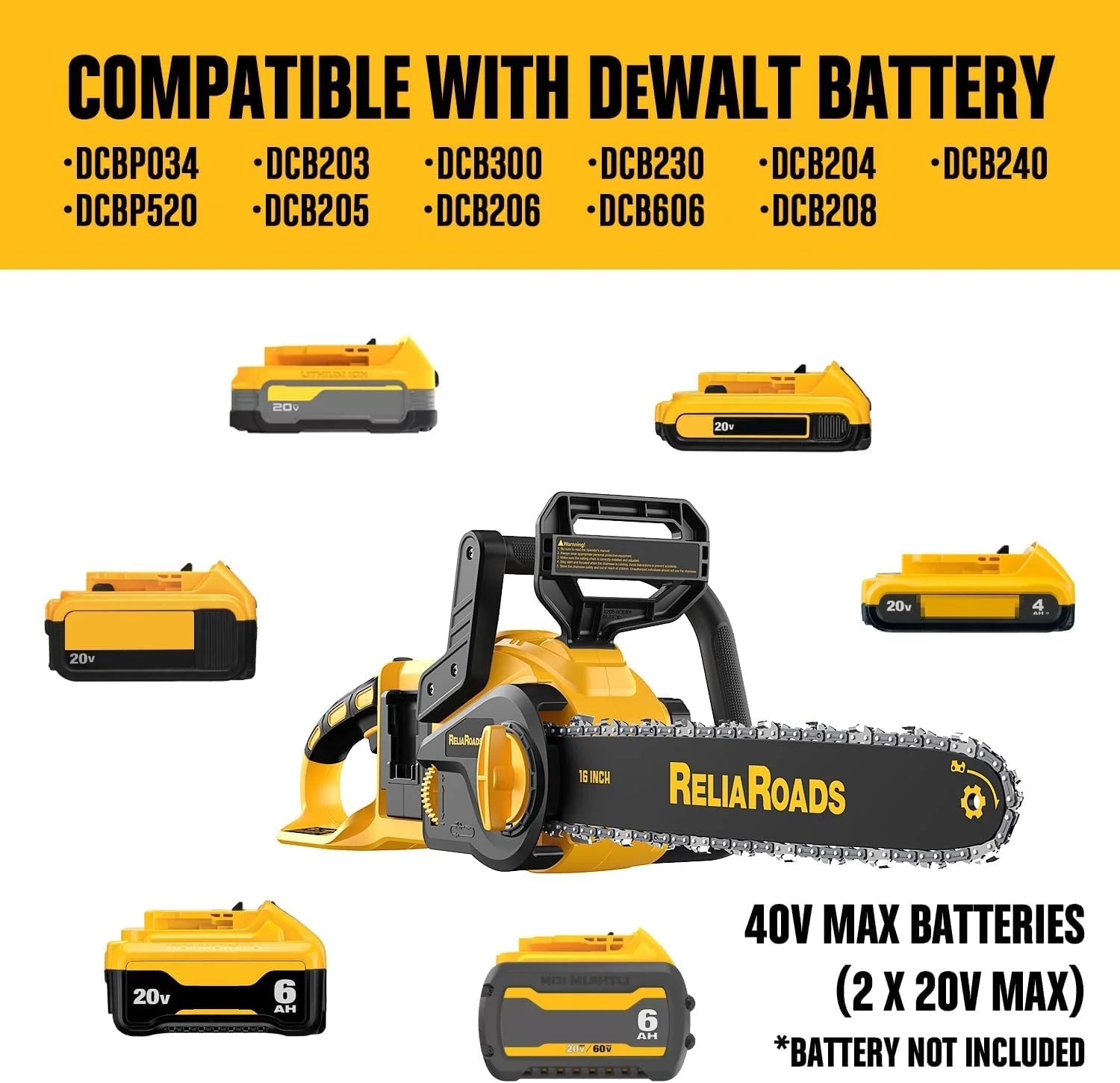 ReliaRoads 16-Inch Brushless Chainsaw, 40V (2 x 20V MAX) Cordless Battery Powered Chain Saw Kit (Includes 2 Chains) Compatible DeWALT Battery - Image 3