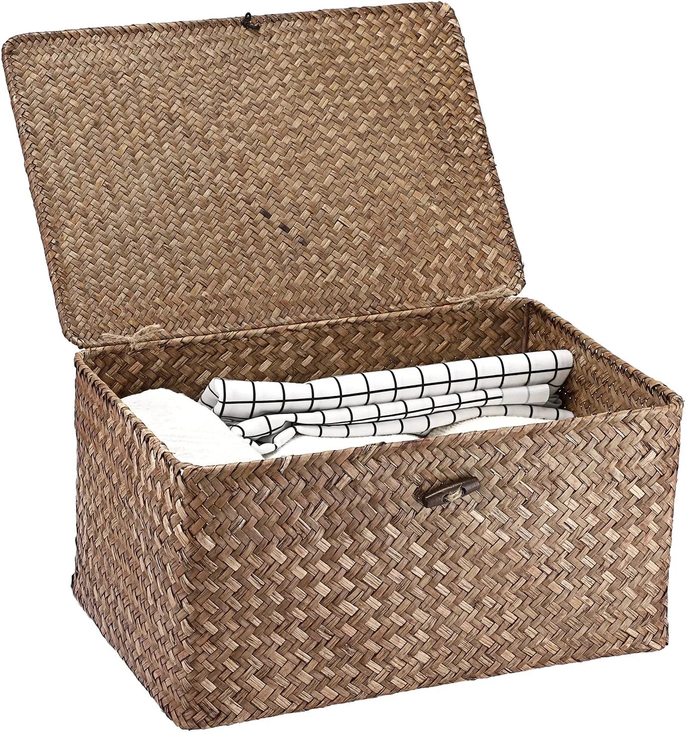 Shelf Baskets Bin with Lid Large Handwoven Basket Box, Coffee, Natural Seagrass Storage Baskets - Image 18