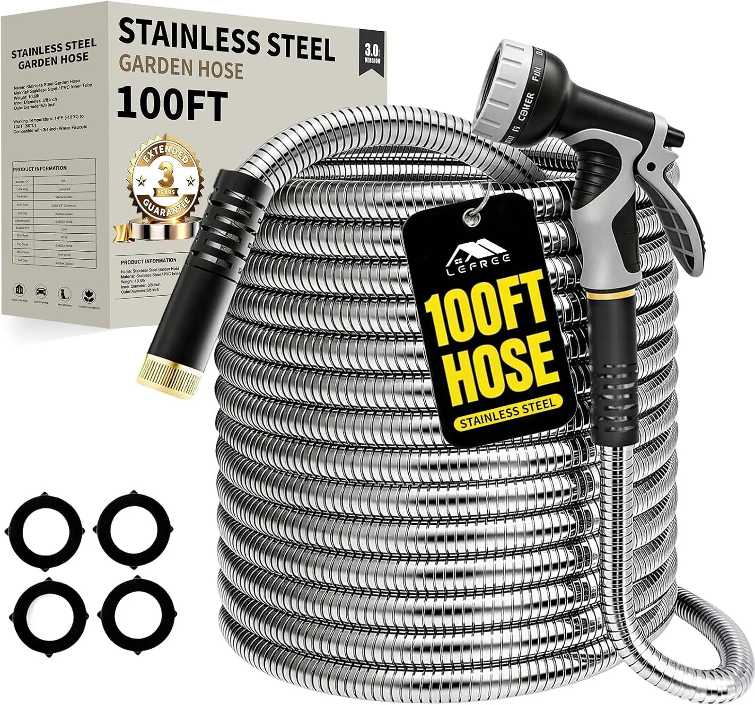 New Arrivals 150ft Stainless Steel Garden Hose, No-Kink Leak-Proof Crush Resistant, 10-Function Nozzle for Lawn Care - Image 4