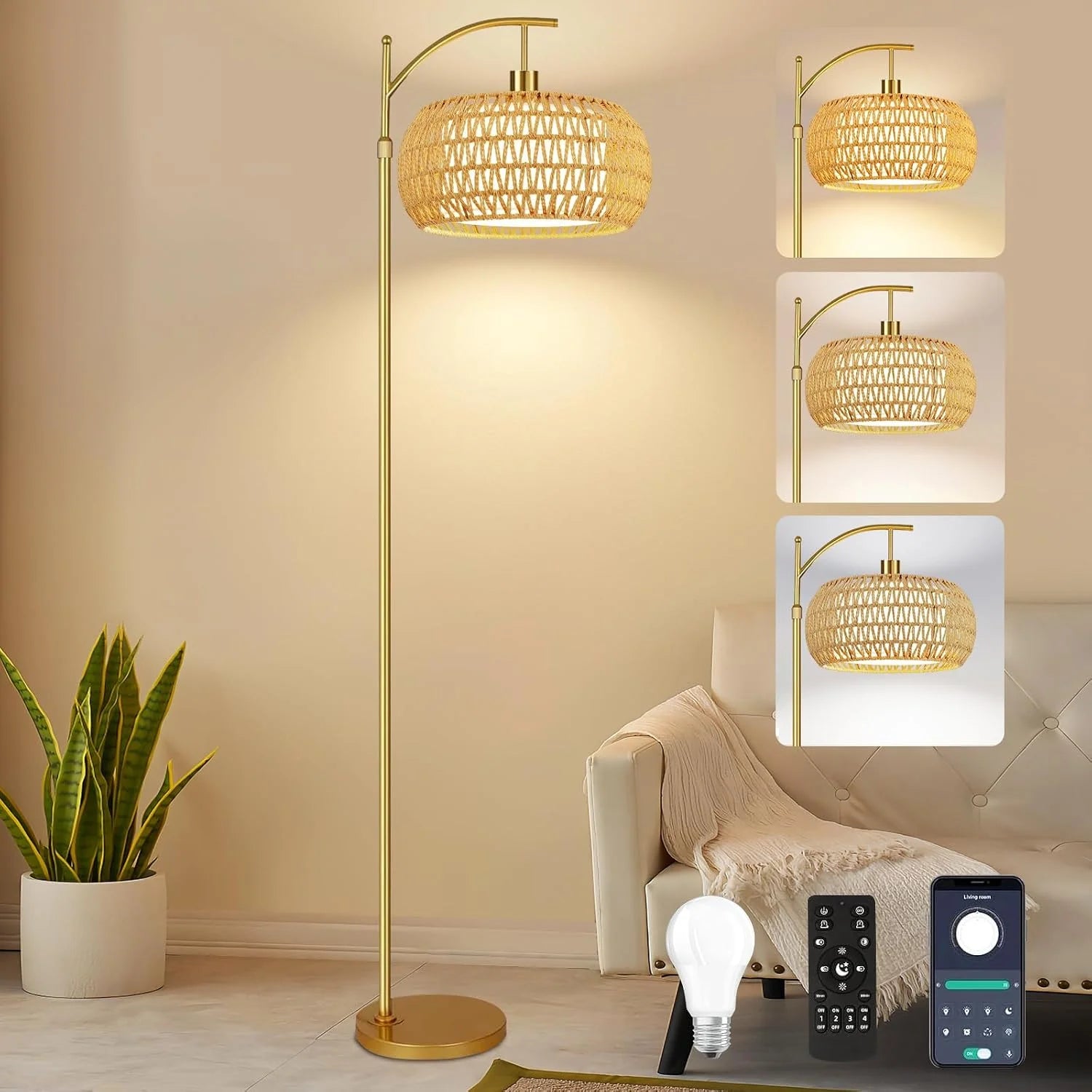 Floor Lamp for Living Room Rattan Boho Floor Lamp with Remote Control, Dimmable, 3-Color Temperature - Image 5