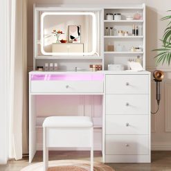 New Arrivals White Makeup Vanity Desk with Charging Station & 4 Drawers, Smart LED Mirror